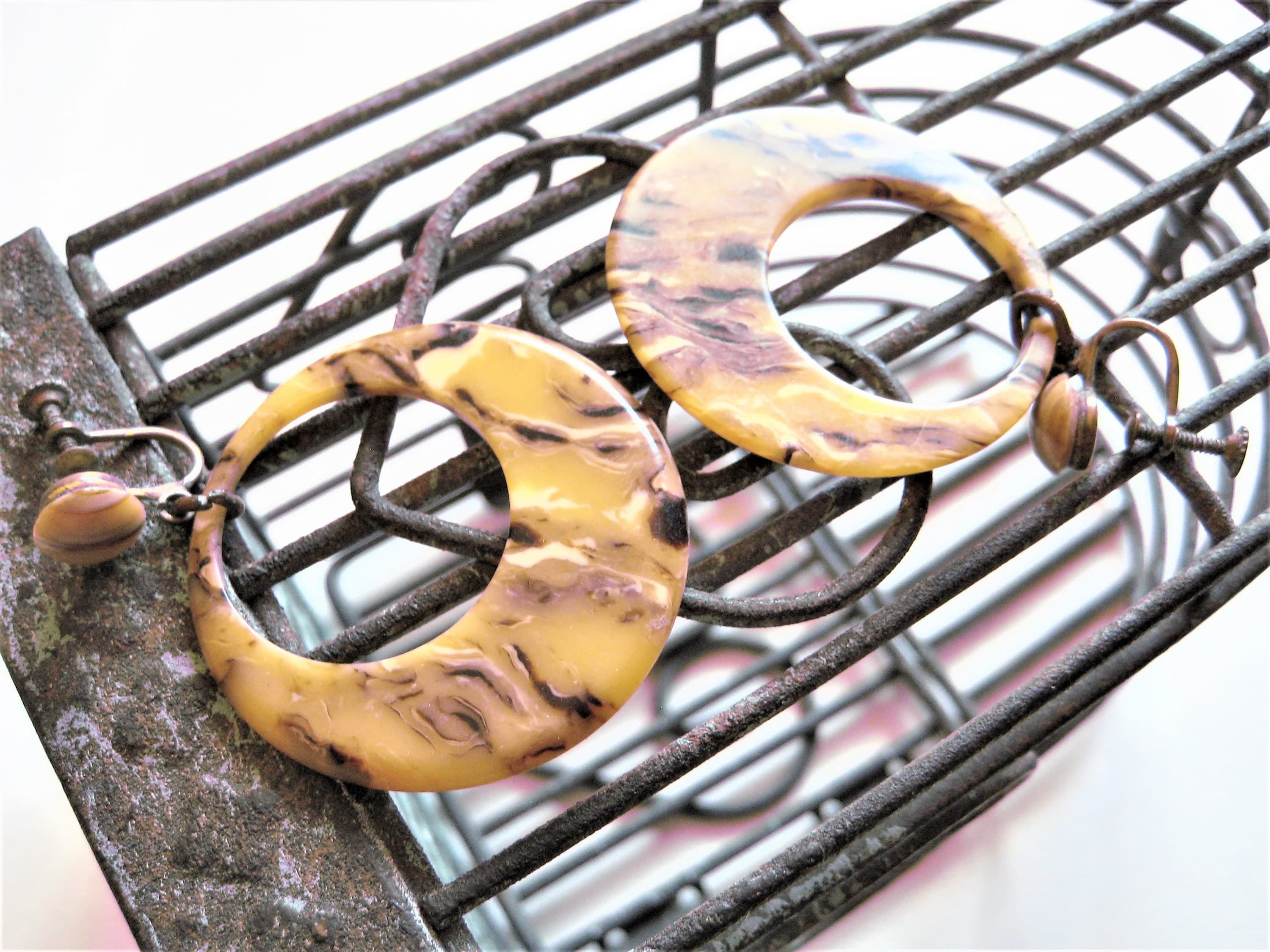 Hoop Earrings, Thermoset, Variegated Marbleized Design, Screw-Back Style, Vintage - image 4