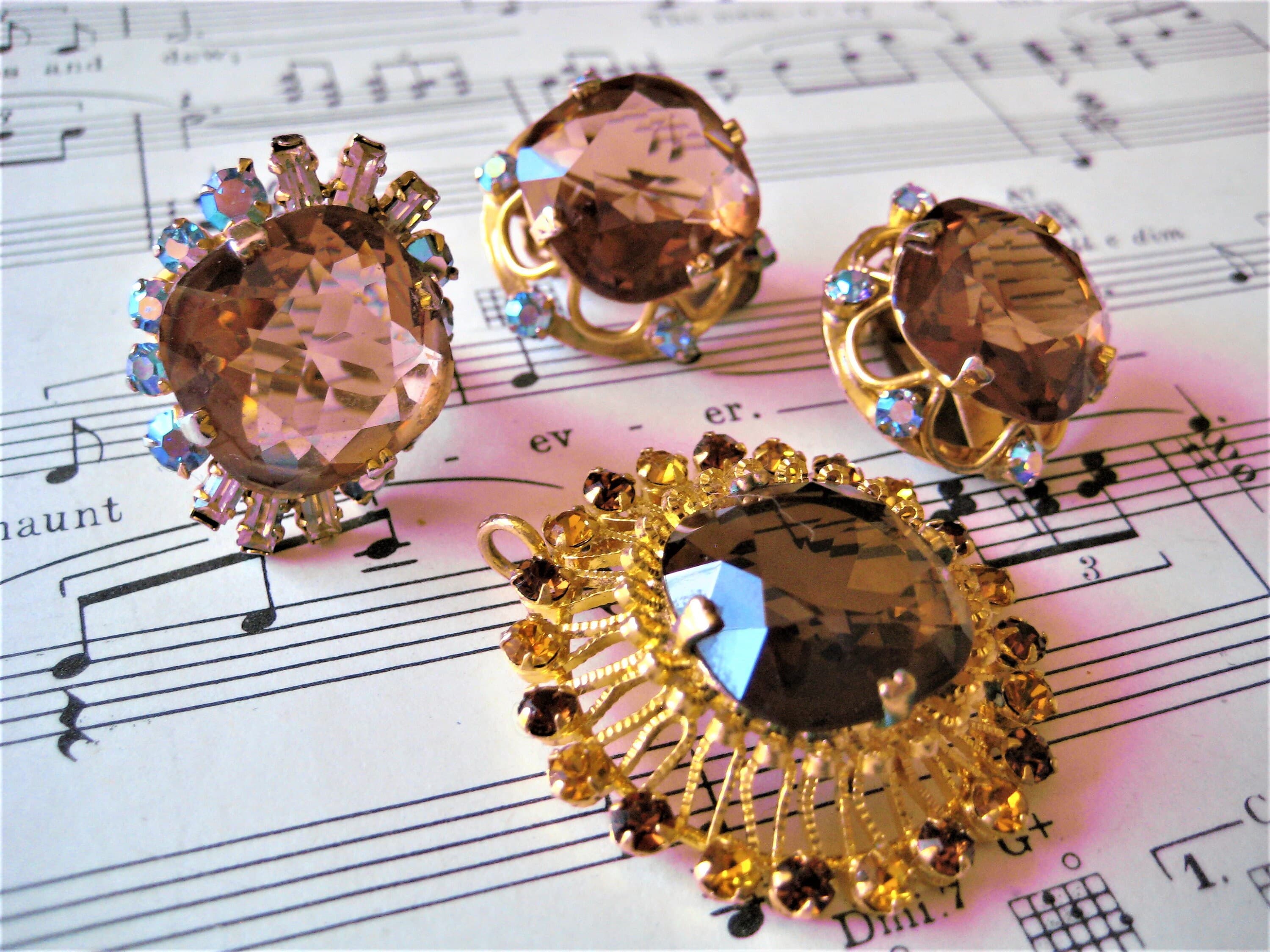 Rhinestone Jewelry Set, Clip Earrings and Ring, Honey Topaz Gold Tone, Vintage Estate Find