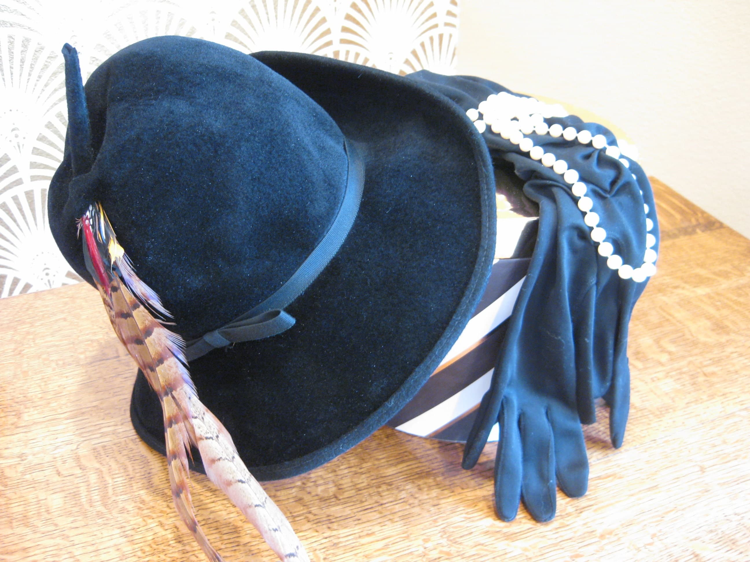 Wool Hat, Designer MR. K Originals, Black Fedora w/Pheasant Feather, Vintage 1970s - image 4