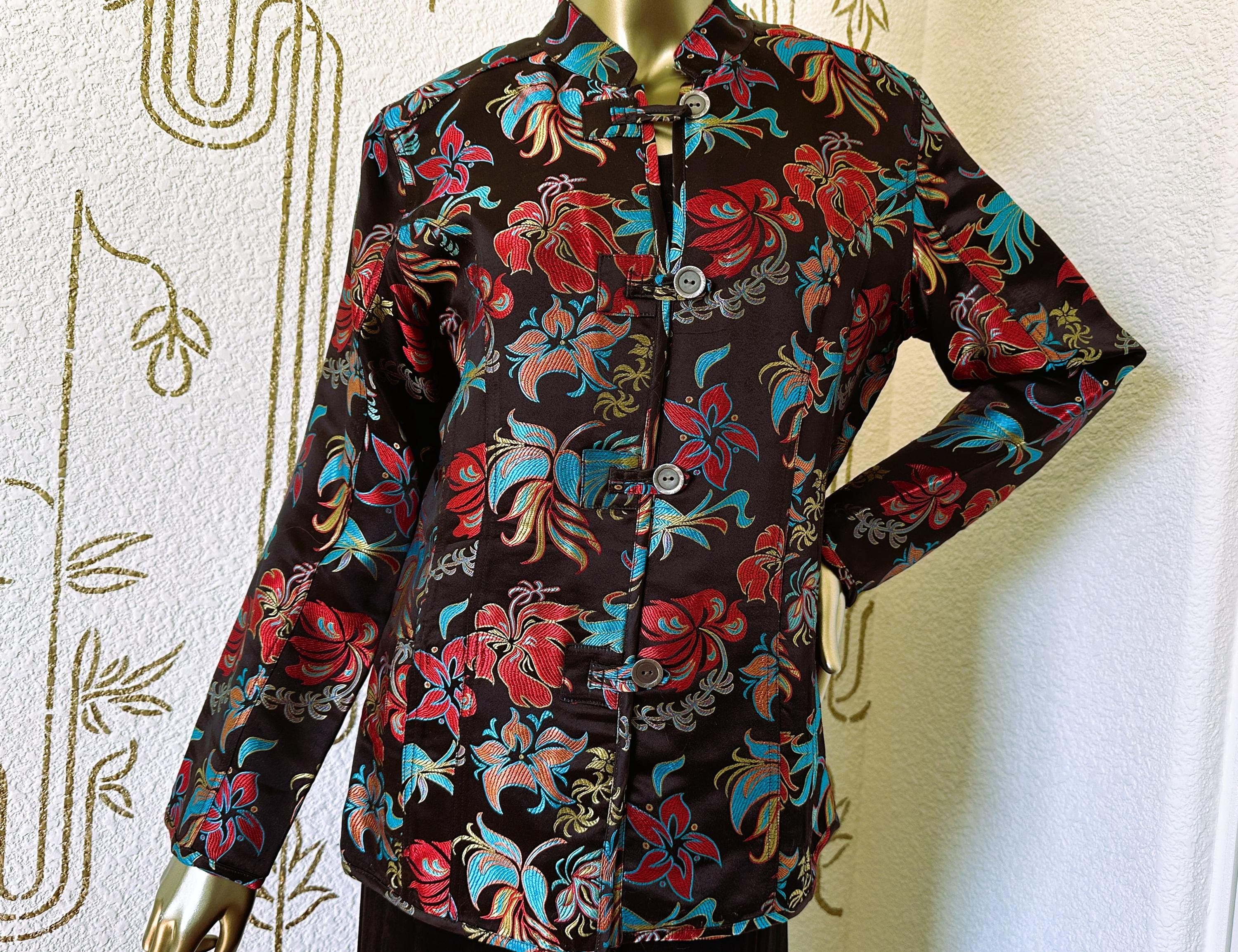 Floral Jacket, Chico's, Rayon Silk Brocade, Nehru Collar, Estate Find - image 5