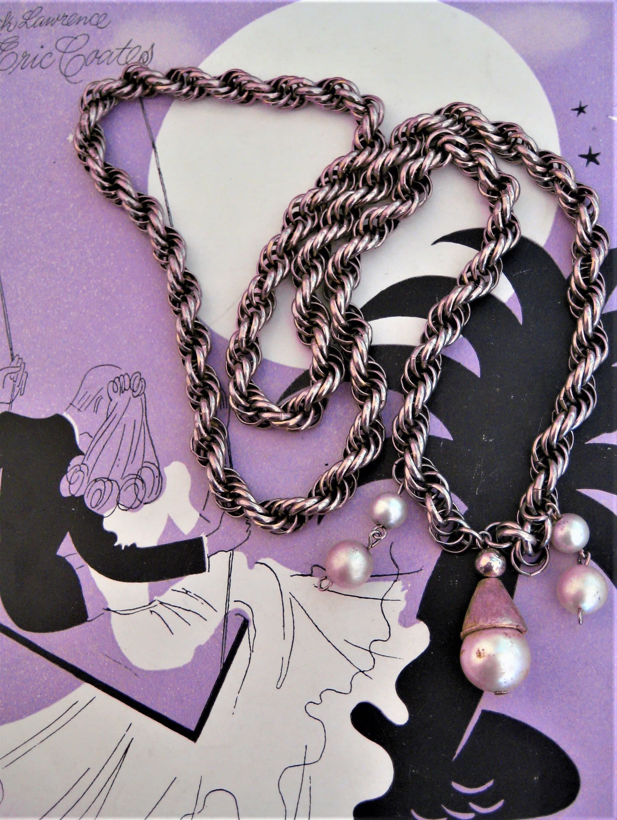 Pendant Necklace, Faux Pearls, Silvery-Gold Rope Chain, 28 Inches Long, Vintage - image 3