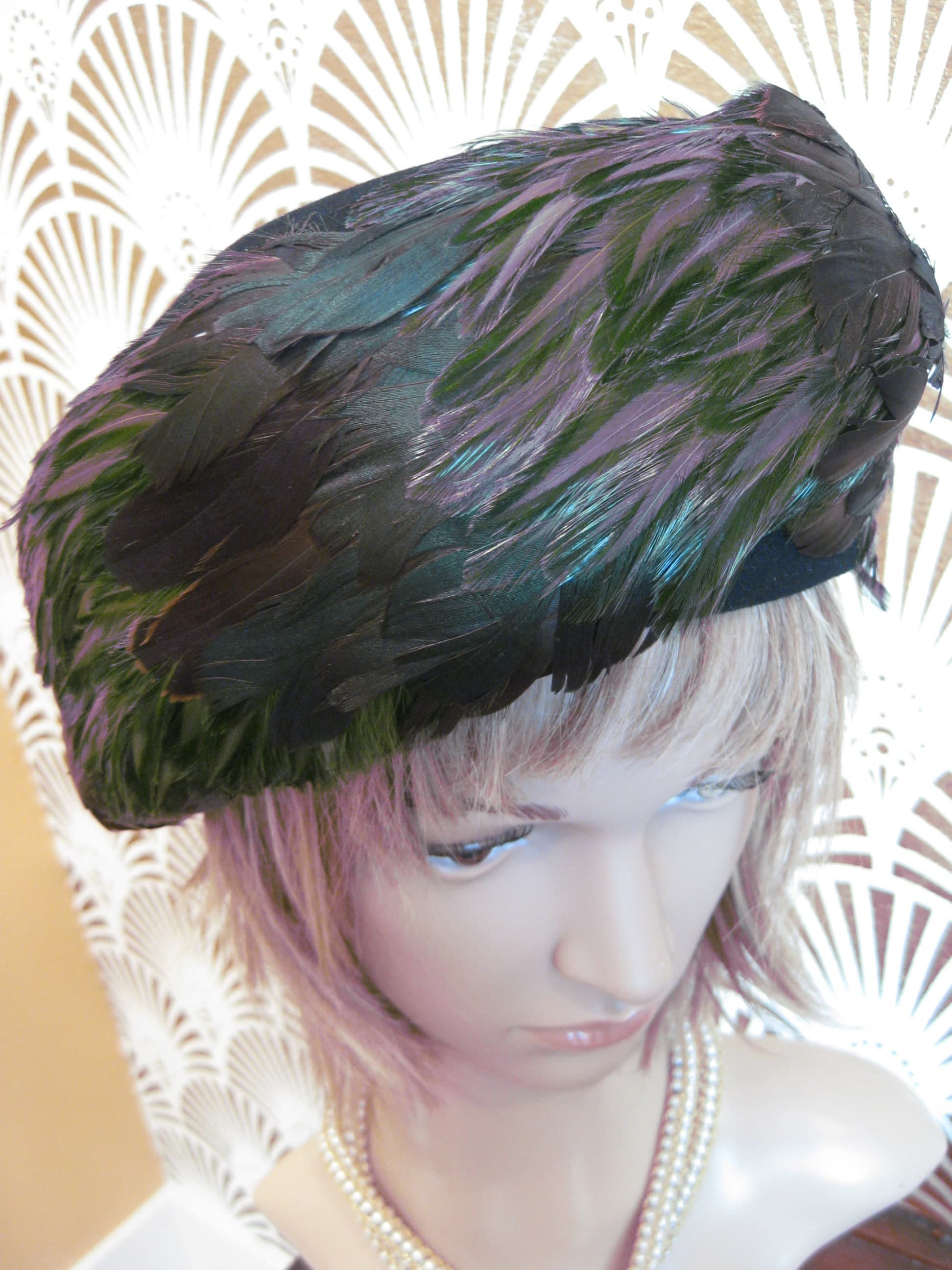 Hat, Feathered Pillbox, Black Wool Felt, MYSHA B. Michael, Vintage - image 5