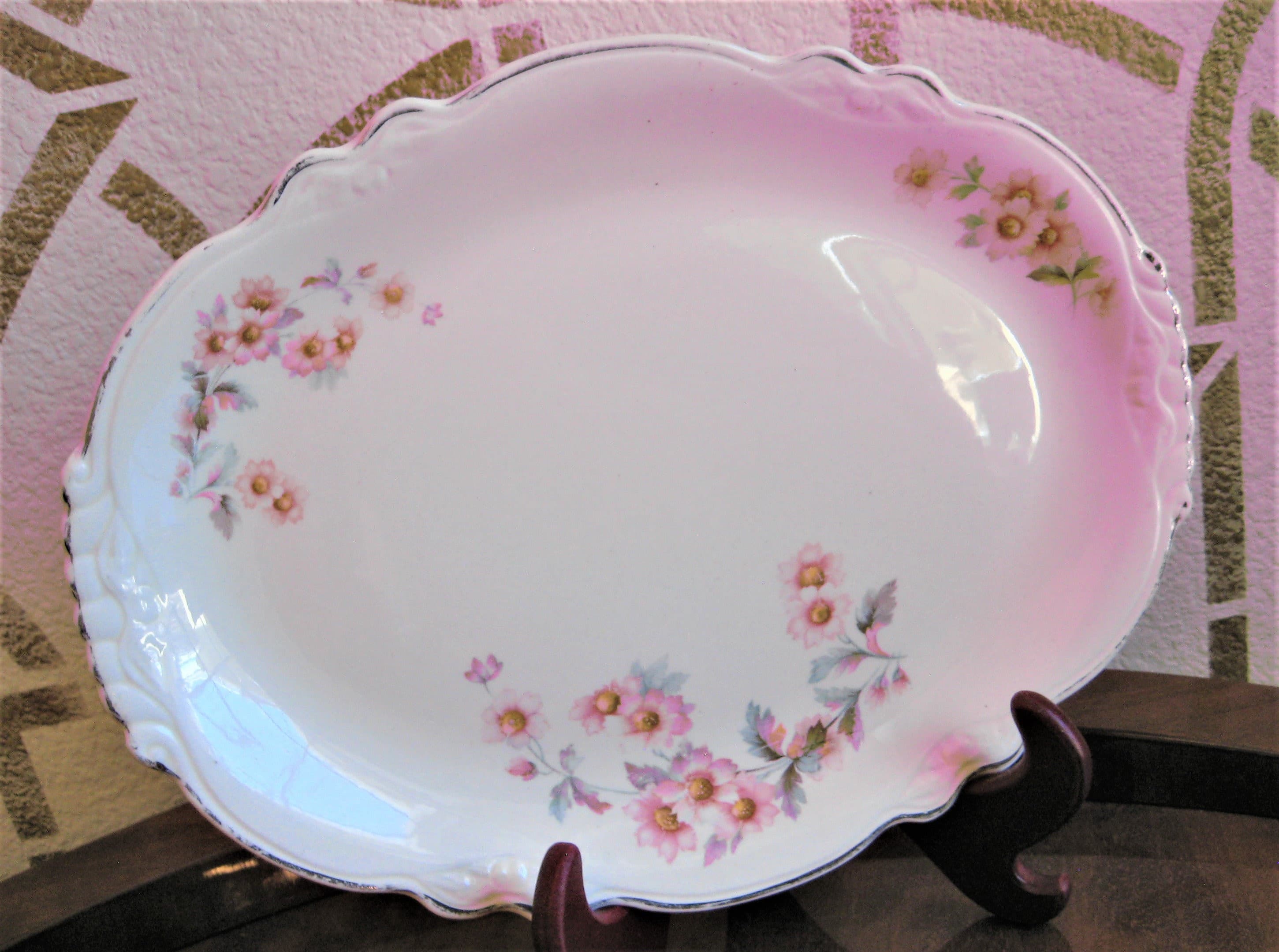 Vintage Homer Laughlin Platter, Virginia Rose Pattern, Platinum Trim