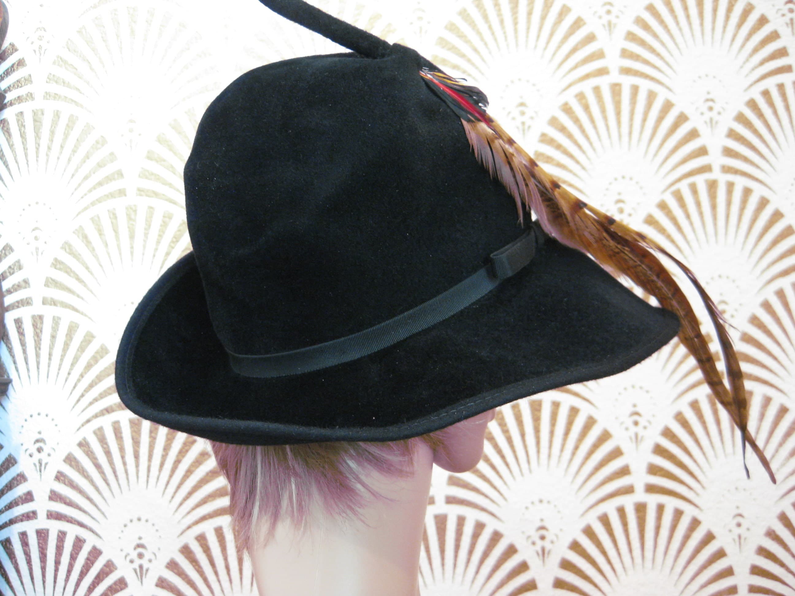 Wool Hat, Designer MR. K Originals, Black Fedora w/Pheasant Feather, Vintage 1970s