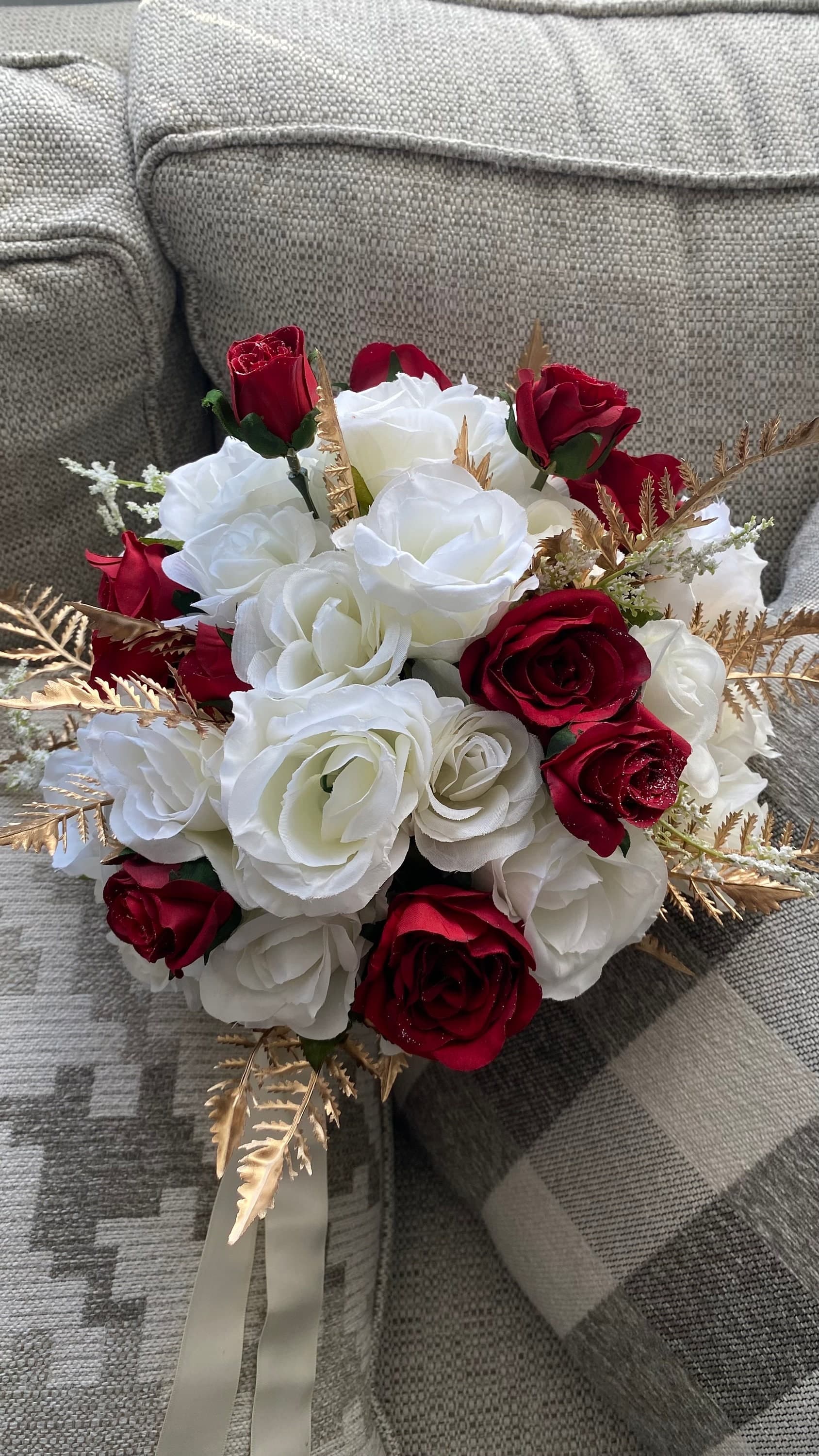 Red, White & Gold Silk Rose Bridal Bouquet, Desi Wedding - image 3