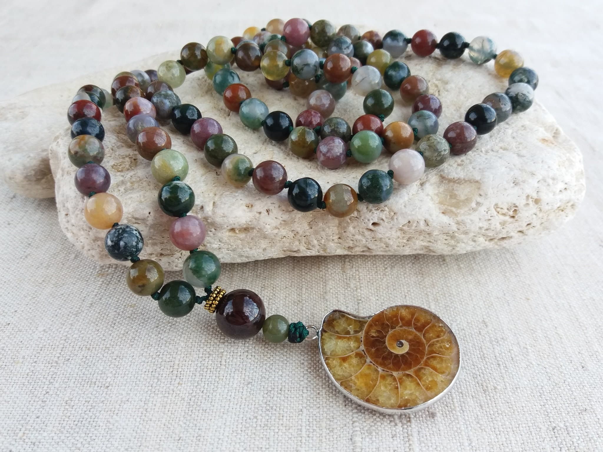 Moss Agate mala Hand knotted mala bead Mala with pendant Ammonite necklace - image 5
