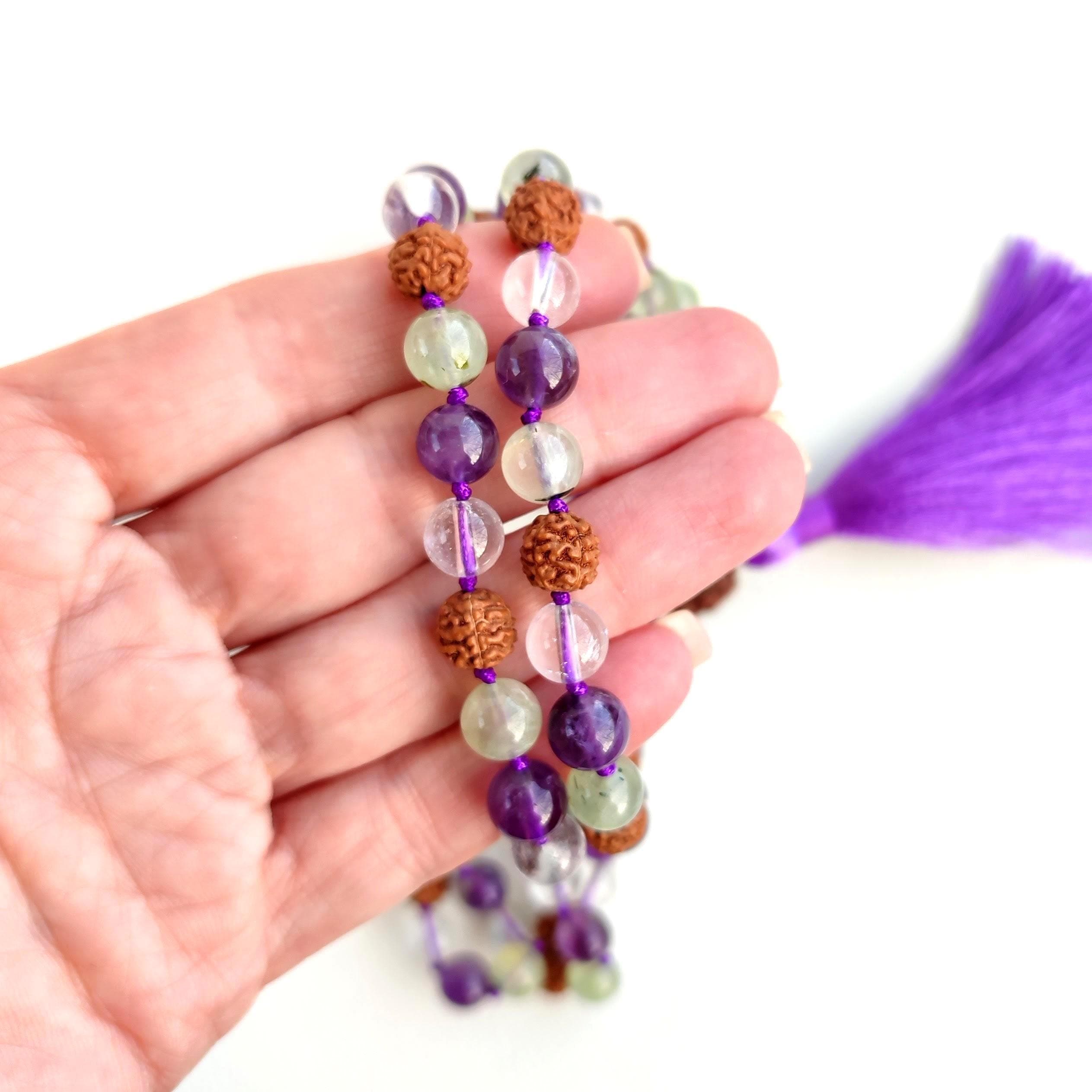 Prehnite mala beads Amethyst mala necklace Clear quartz mala Rudraksha mala Prayer beads buddhist Mala beads 108 knot - image 3