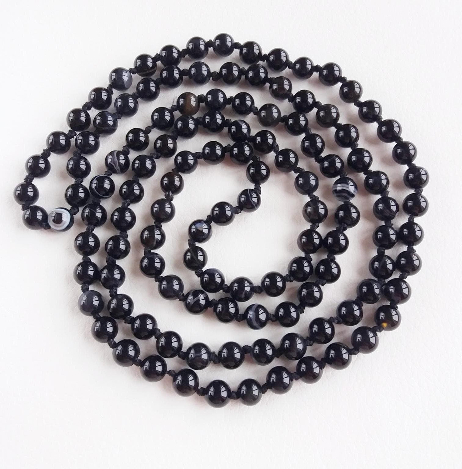 Black onyx necklace Hand knotted necklace genuine stones Opera length necklace