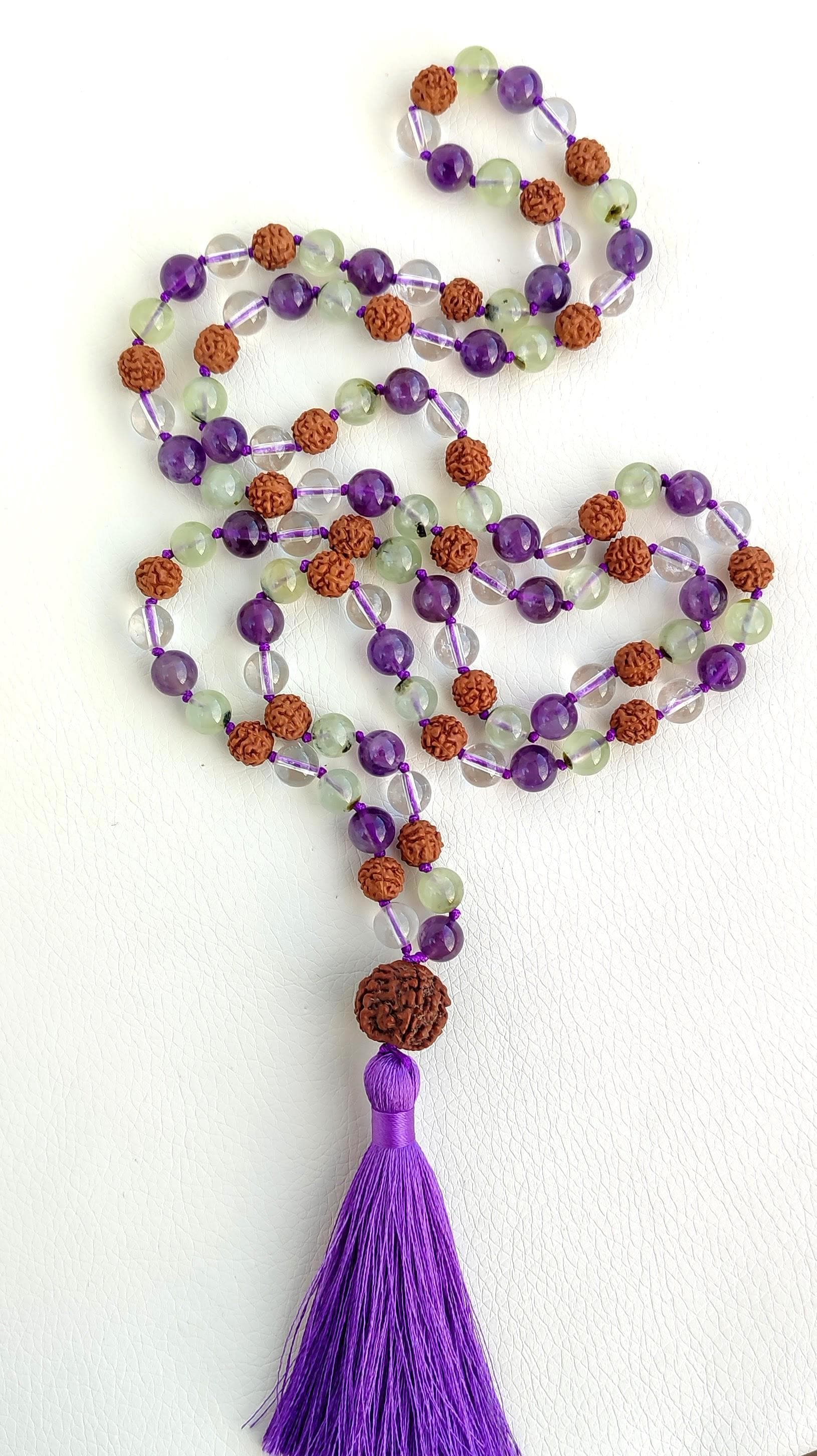 Prehnite mala beads Amethyst mala necklace Clear quartz mala Rudraksha mala Prayer beads buddhist Mala beads 108 knot - image 5
