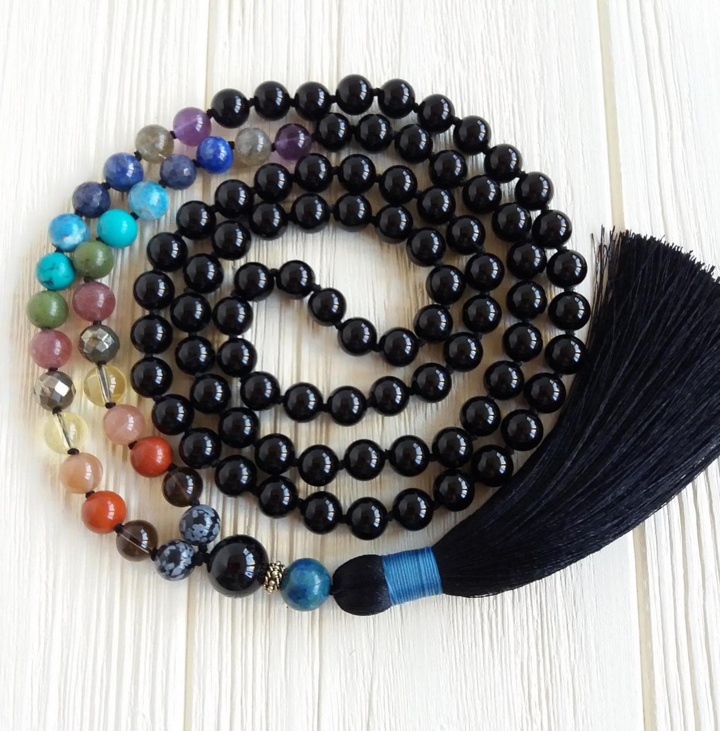 108 mala beads Knotted mala gemstone necklaces Chakra mala necklace Black tourmaline mala Buddhist prayer beads