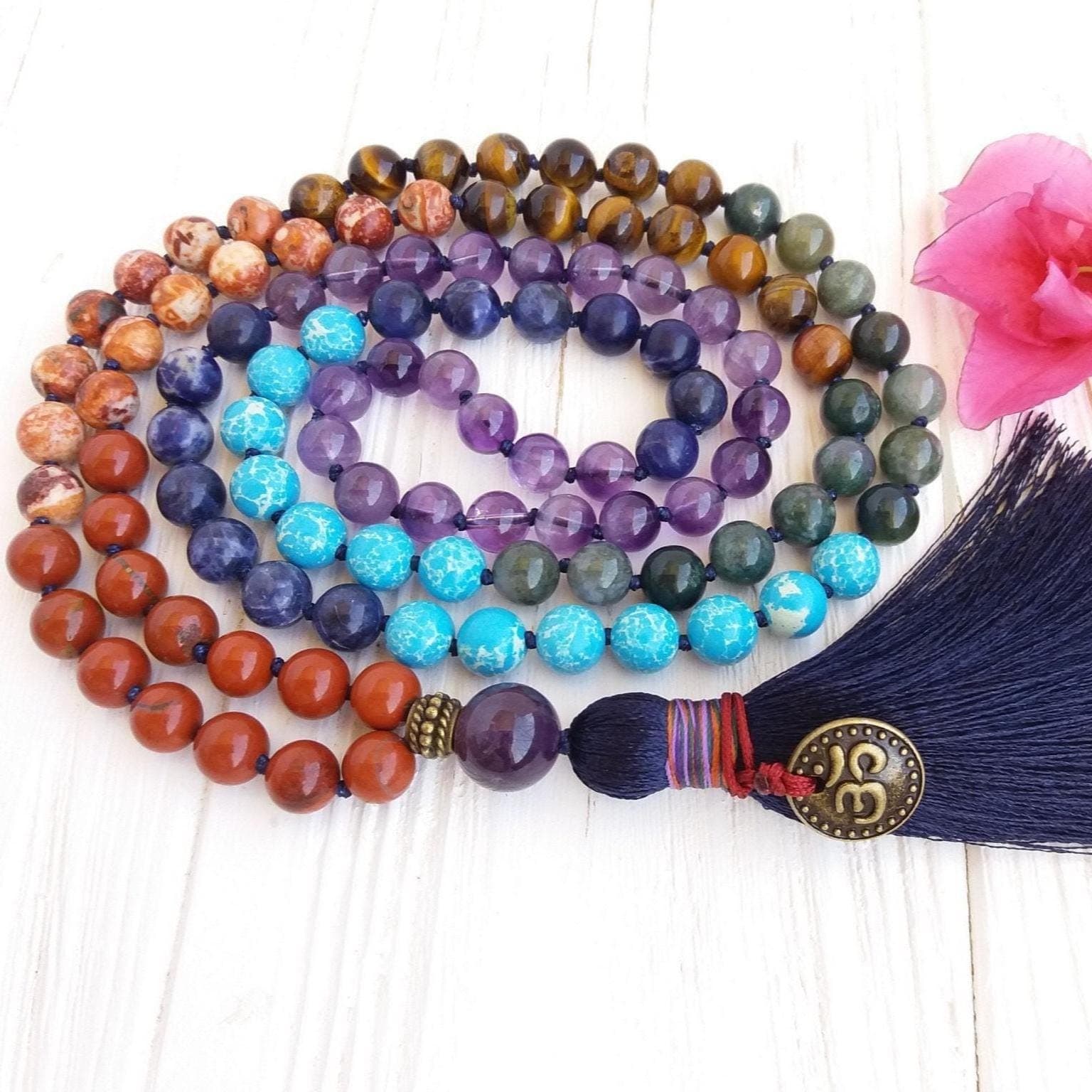 7 chakra mala necklace Prayer beads buddhist Mala beads knotted Japa mala
