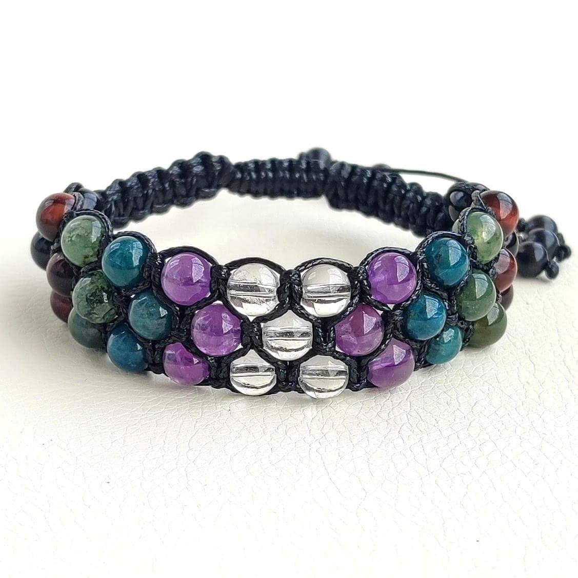 Three row bracelet beaded men Triple bracelet braided stones Clear quartz bracelet Moss agate braided bracelet Red tiger eye bracelet