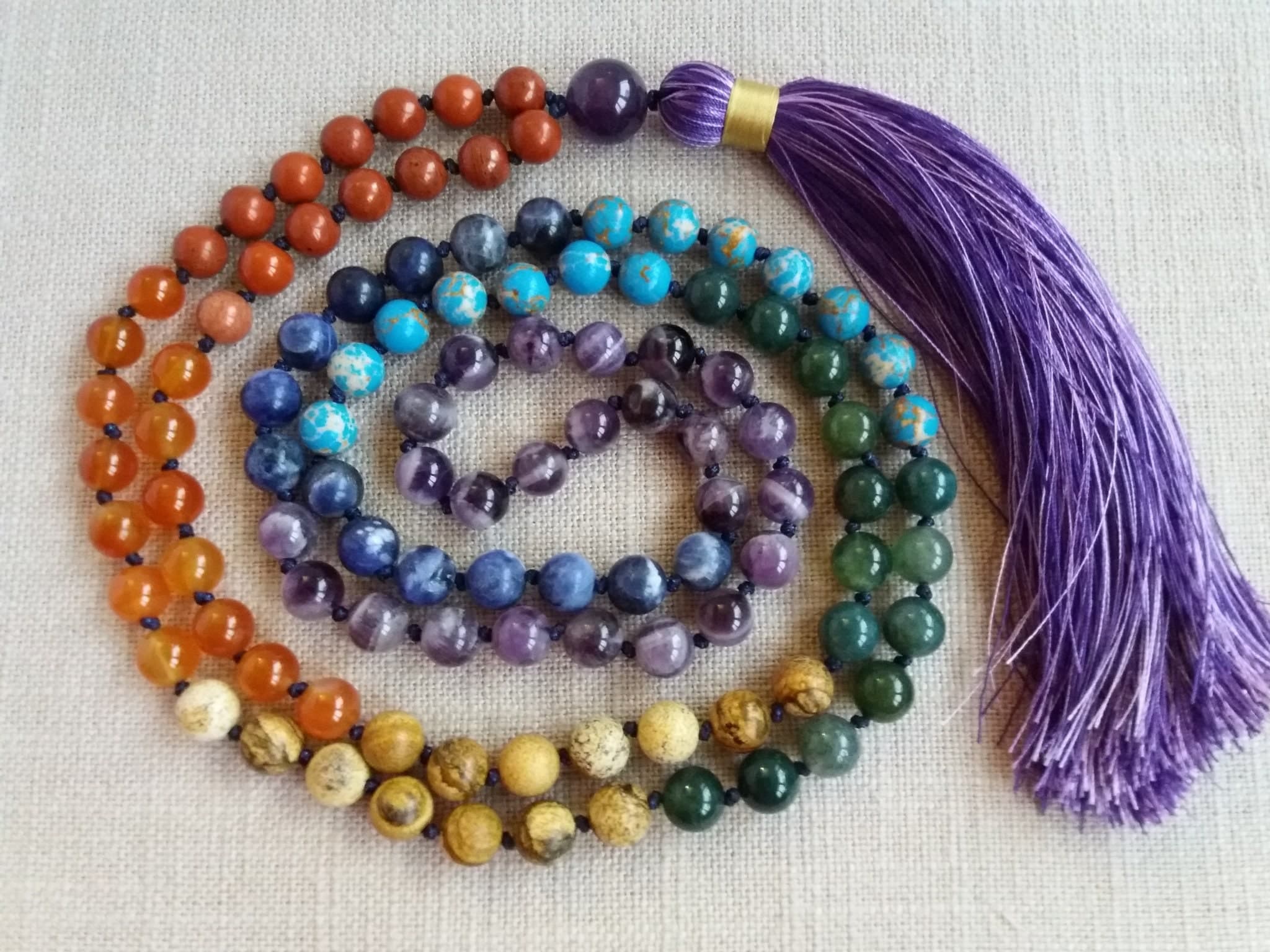 7 chakra mala necklace Prayer beads buddhist Mala beads 108 stone Knotted mala beads