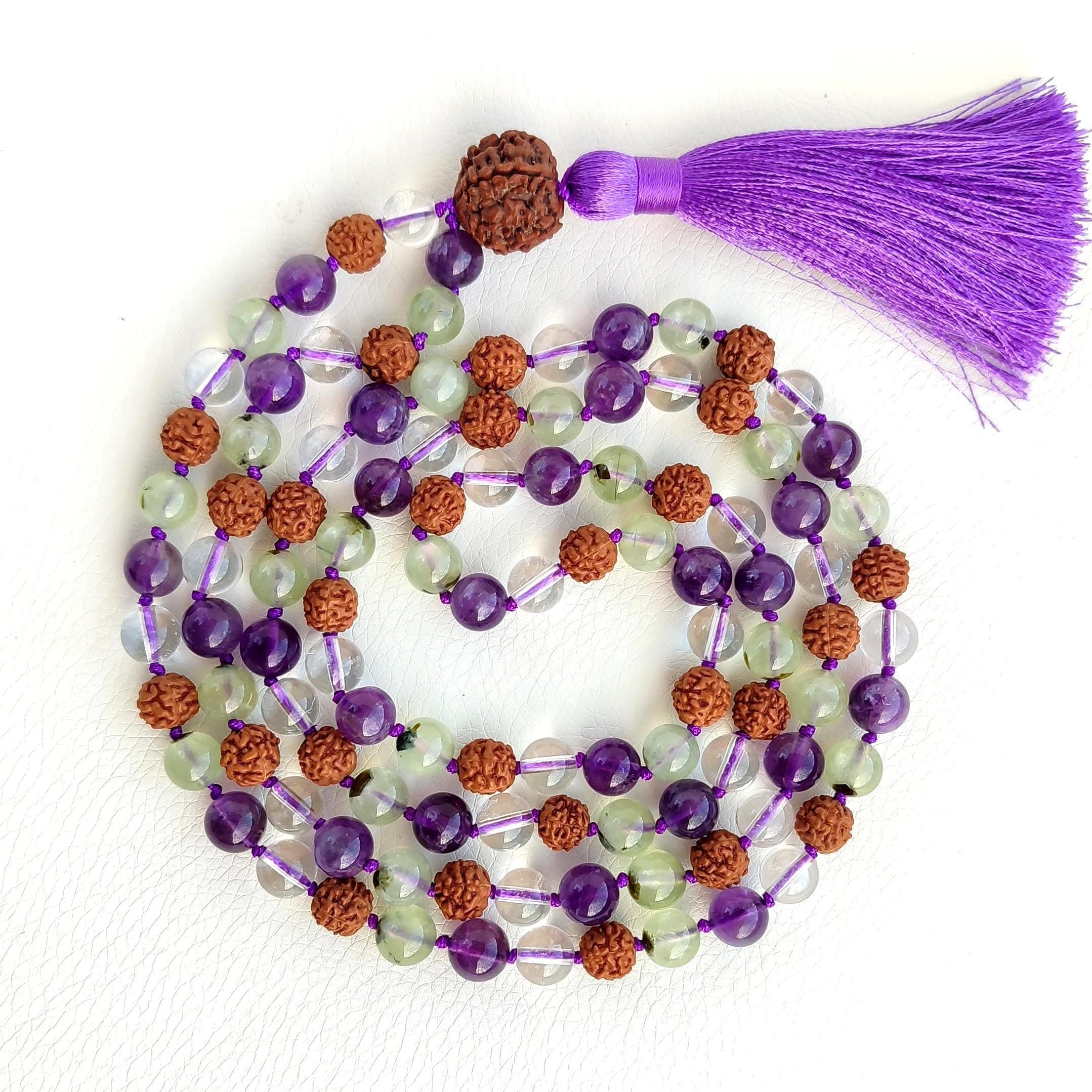 Prehnite mala beads Amethyst mala necklace Clear quartz mala Rudraksha mala Prayer beads buddhist Mala beads 108 knot - image 4