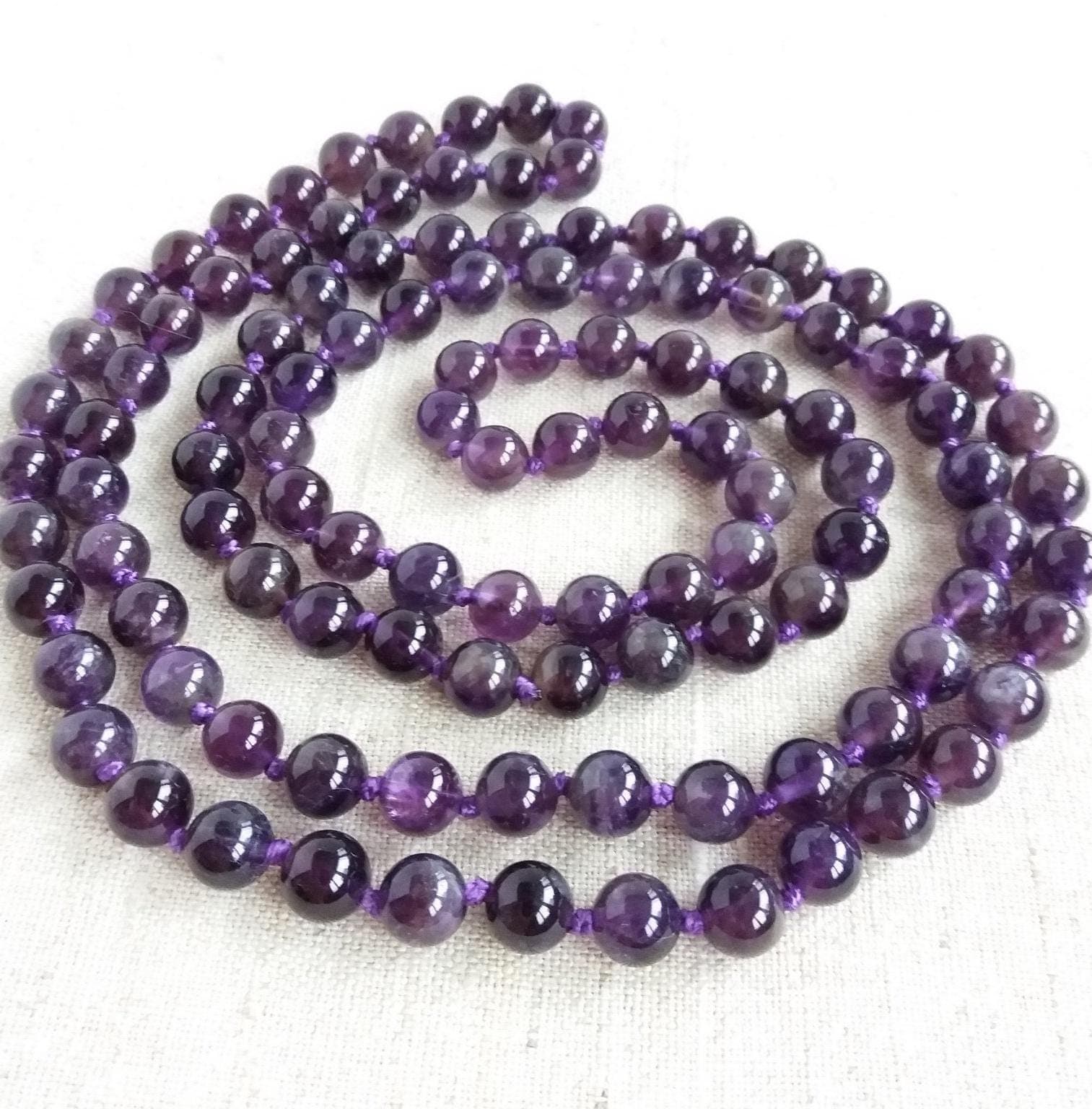 Long Amethyst necklace Opera length necklace Hand knotted necklace