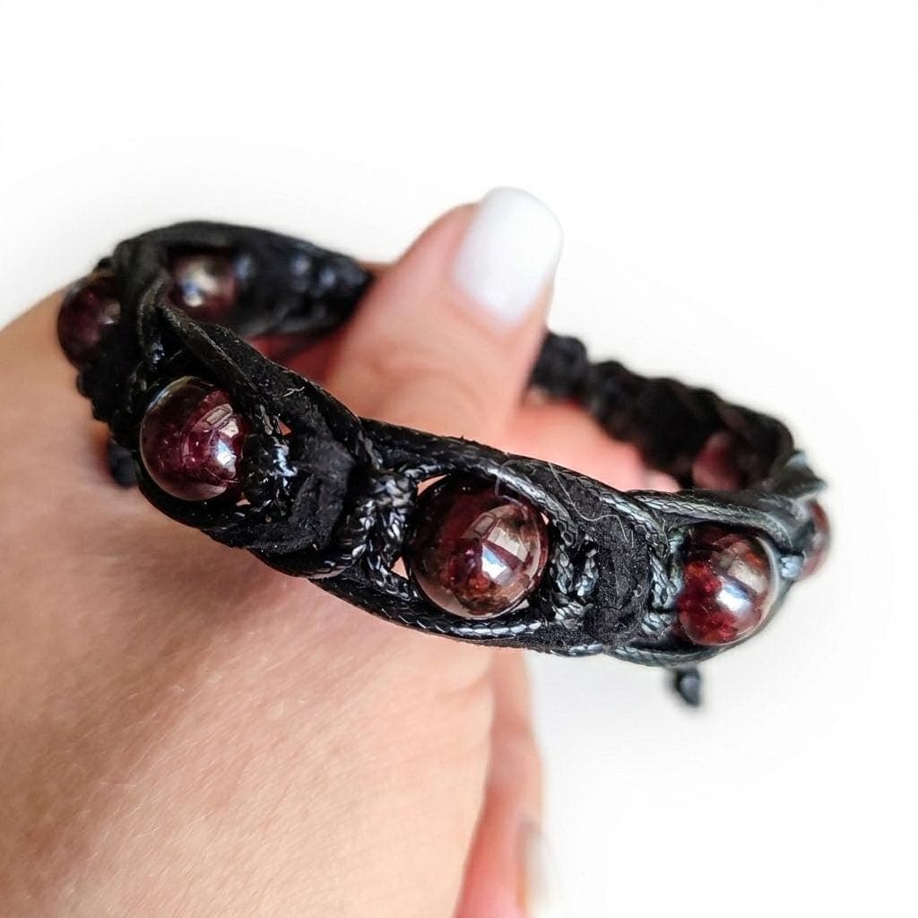 Garnet bracelet mens Leather bracelet beads Braided bracelet with stone