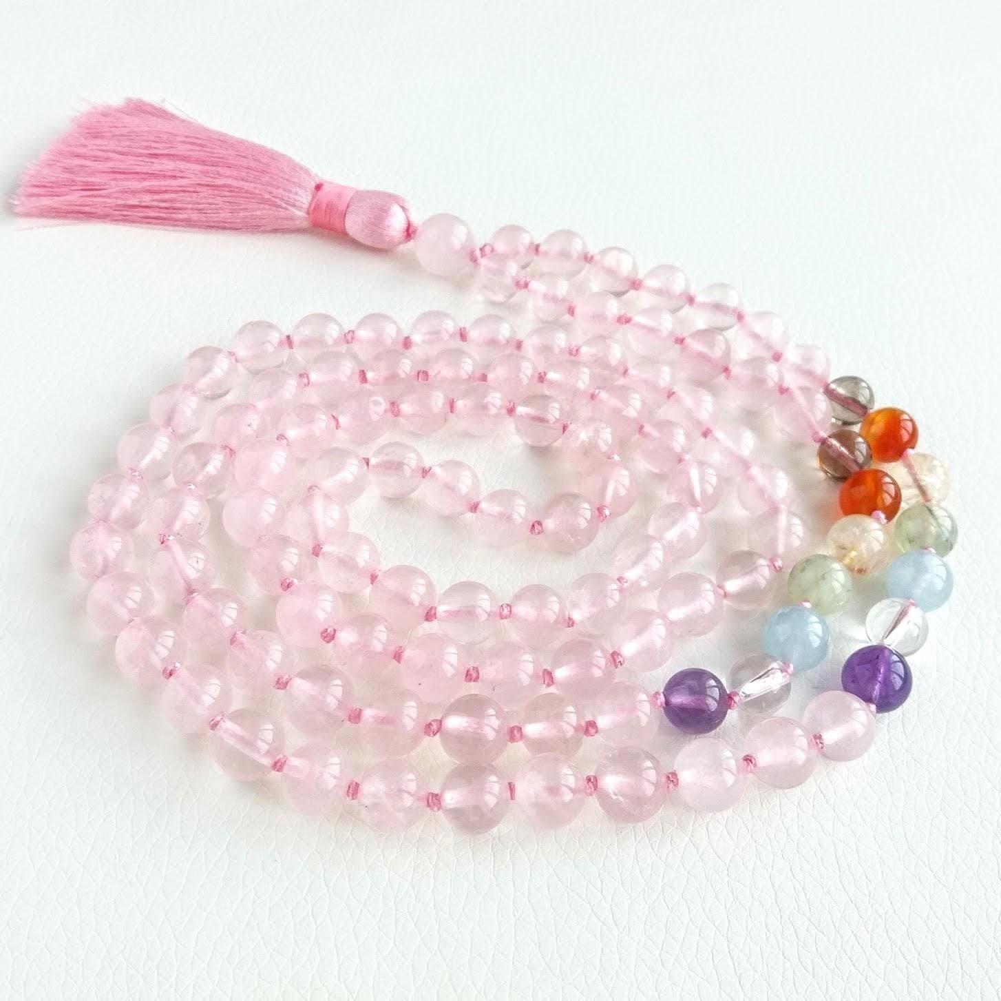 Mala beads 108 with tassel Rose quartz mala necklace 7 chakra mala