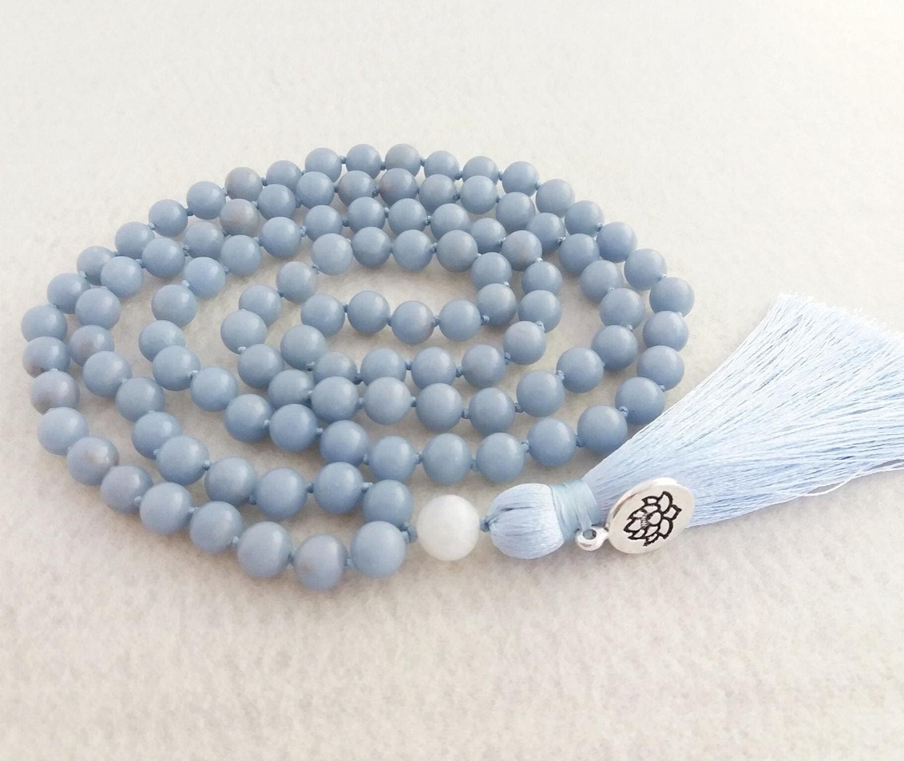 Angelite mala 108 beads Hand knotted mala prayer beads buddhist Blue mala tassel necklace