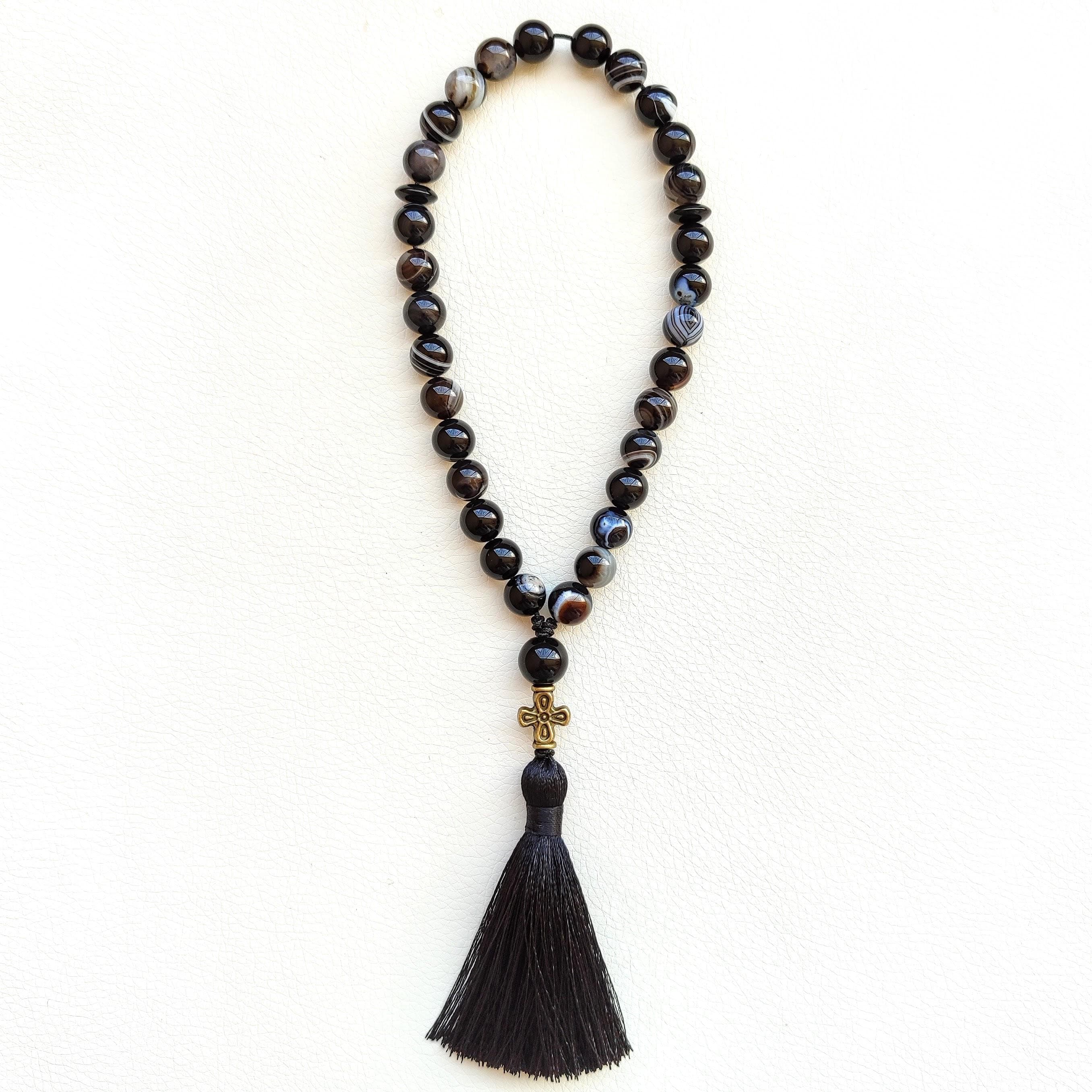 Orthodox rosary beads Christian rosary with cross 30 bead prayer Black agate prayer beads - image 5