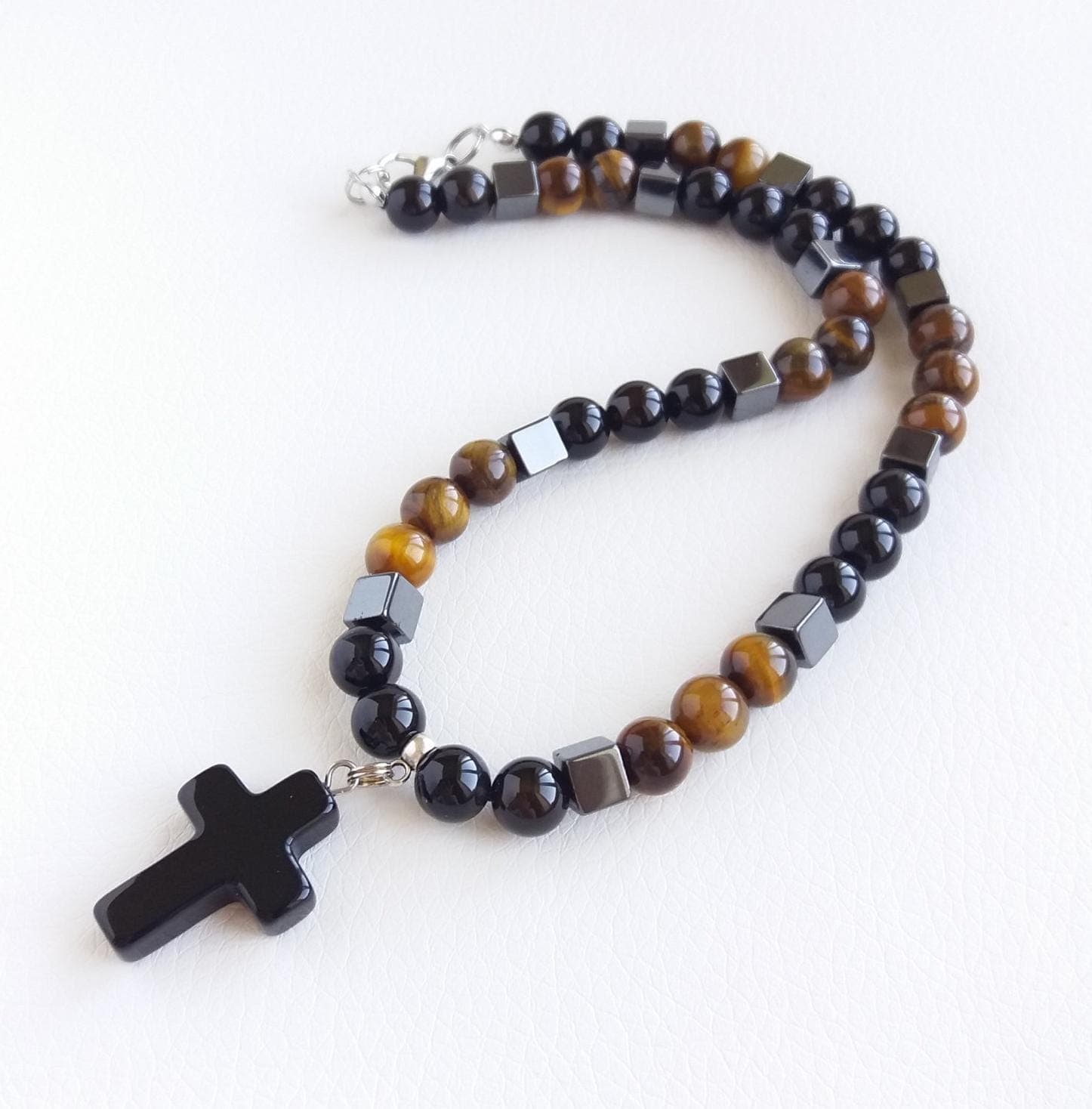 Tiger eye necklace men Black onyx necklace pendant Cross choker necklace Hematite necklace for women Cube bead necklace