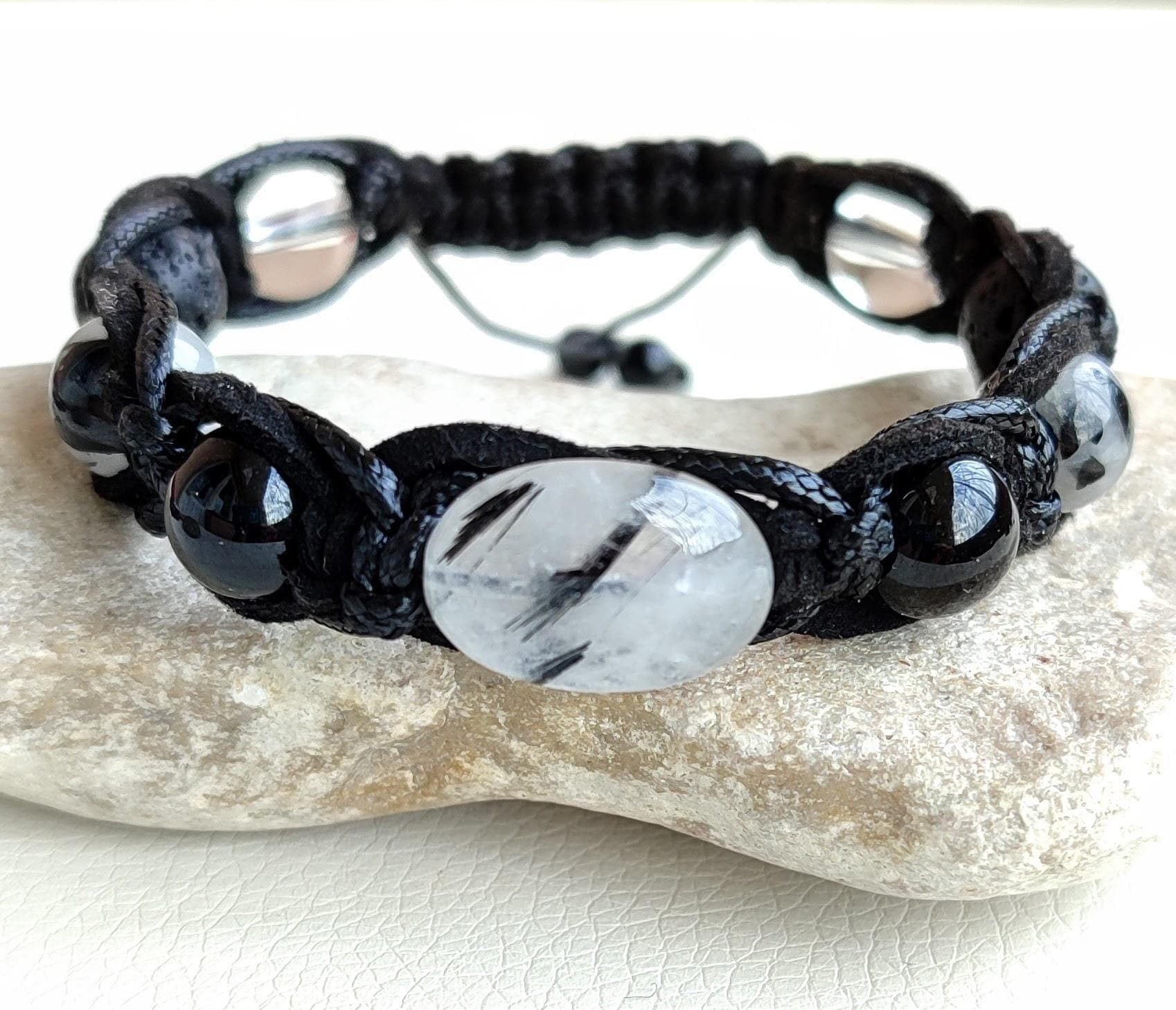 Black Tourmaline bracelet men Gemstone and leather cord bracelet Protection jewelry 10mm gemstones beads gift