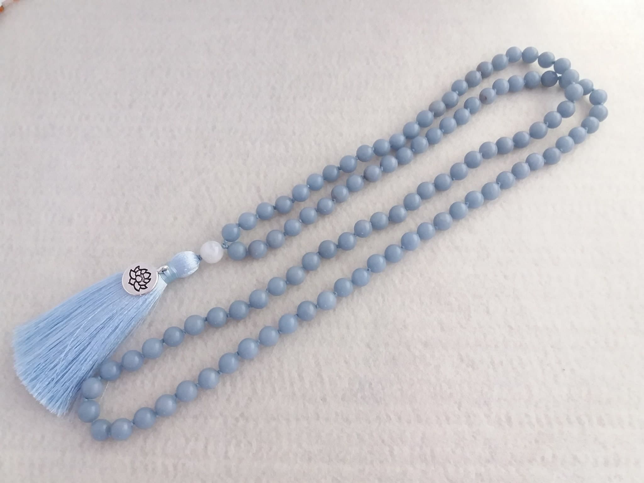 Angelite mala 108 beads Hand knotted mala prayer beads buddhist Blue mala tassel necklace - image 4