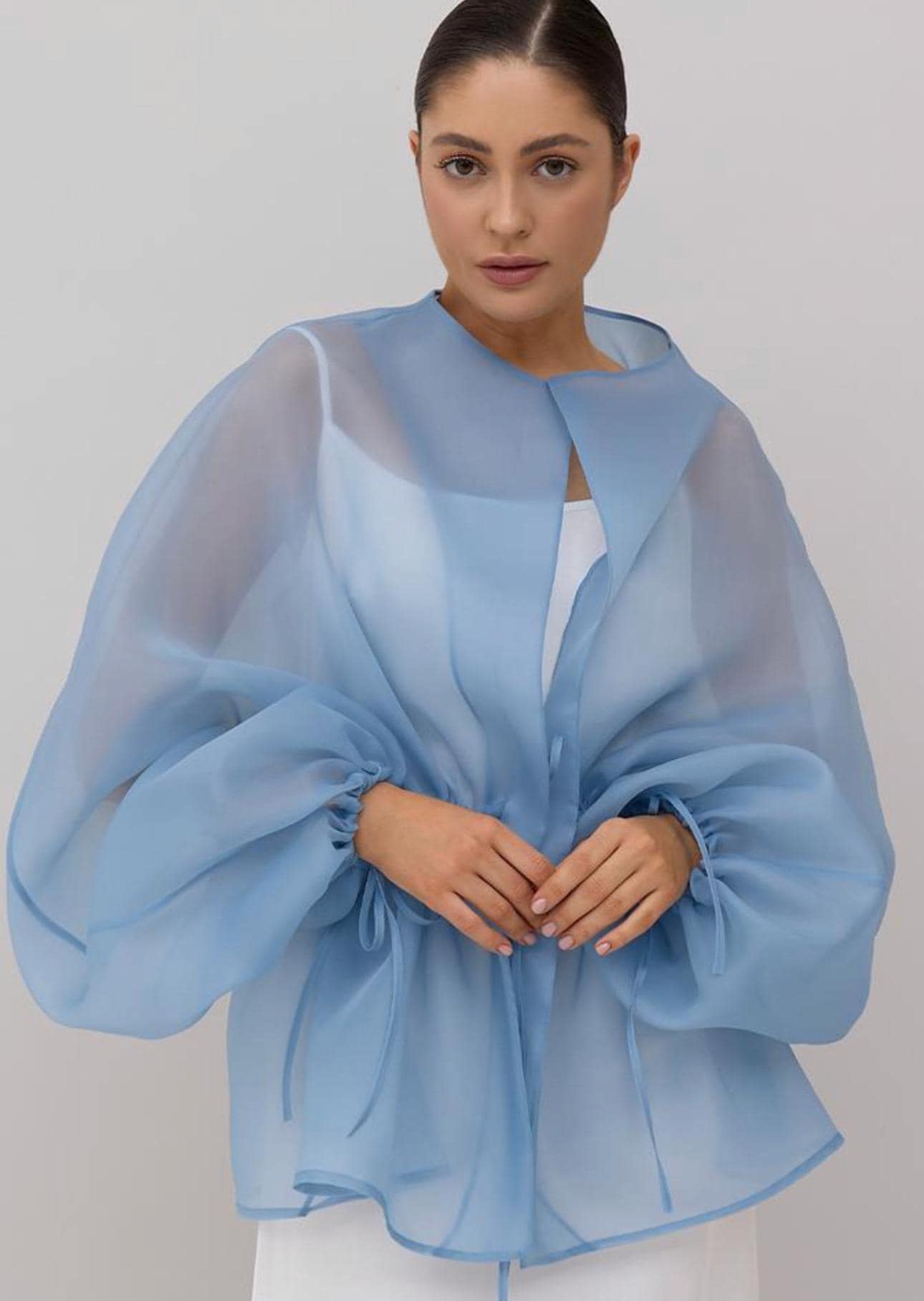 Organza blouse blue | Can be lined  | modest top |Business style blouse| Tzinut clothing | Minimalist design | Custom made