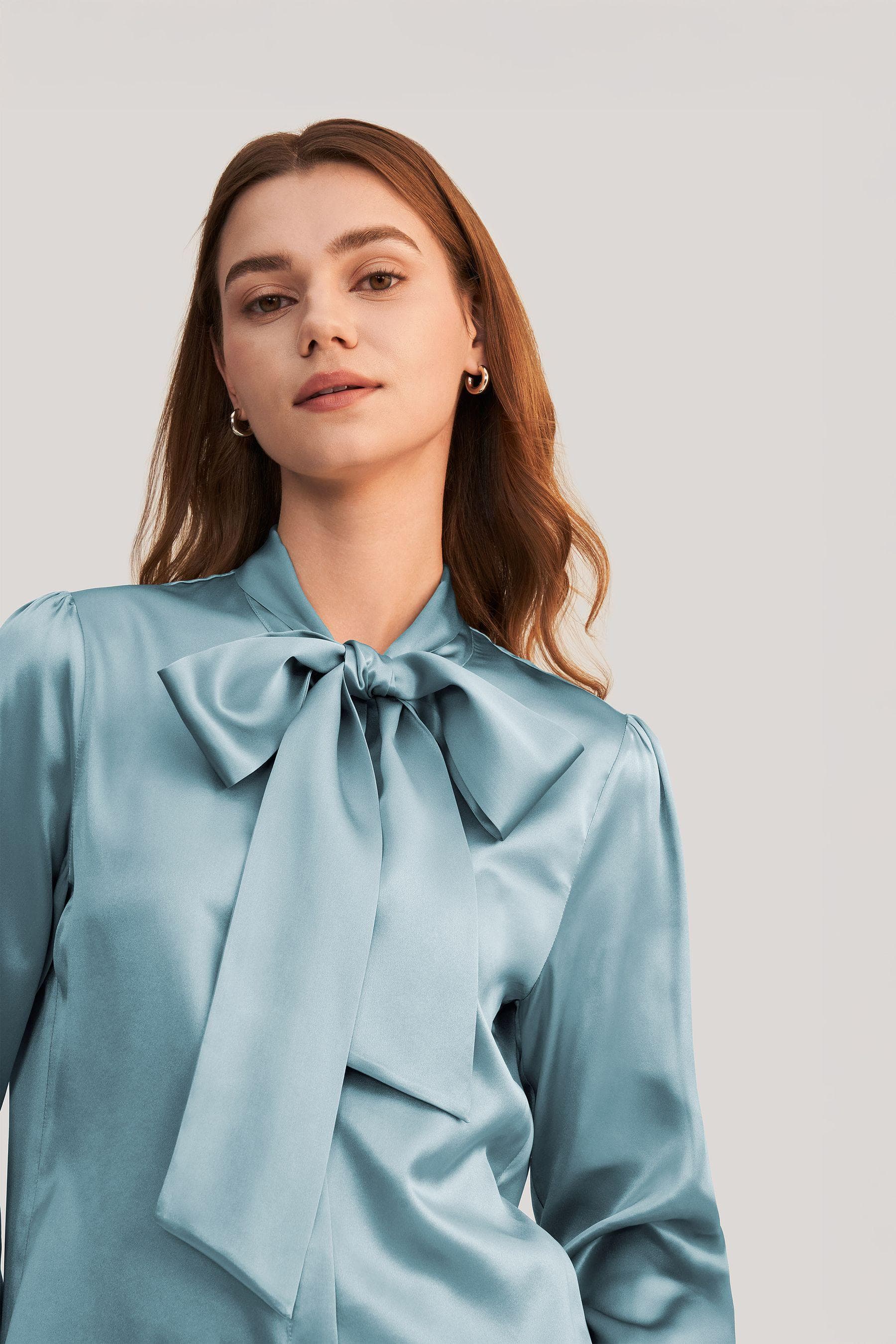 Women Bow-tie Neck Silk Blouse in blue haze | Modest Fashion |Made to measure available|More colours available |Tzinut Styles |Kosher outfit