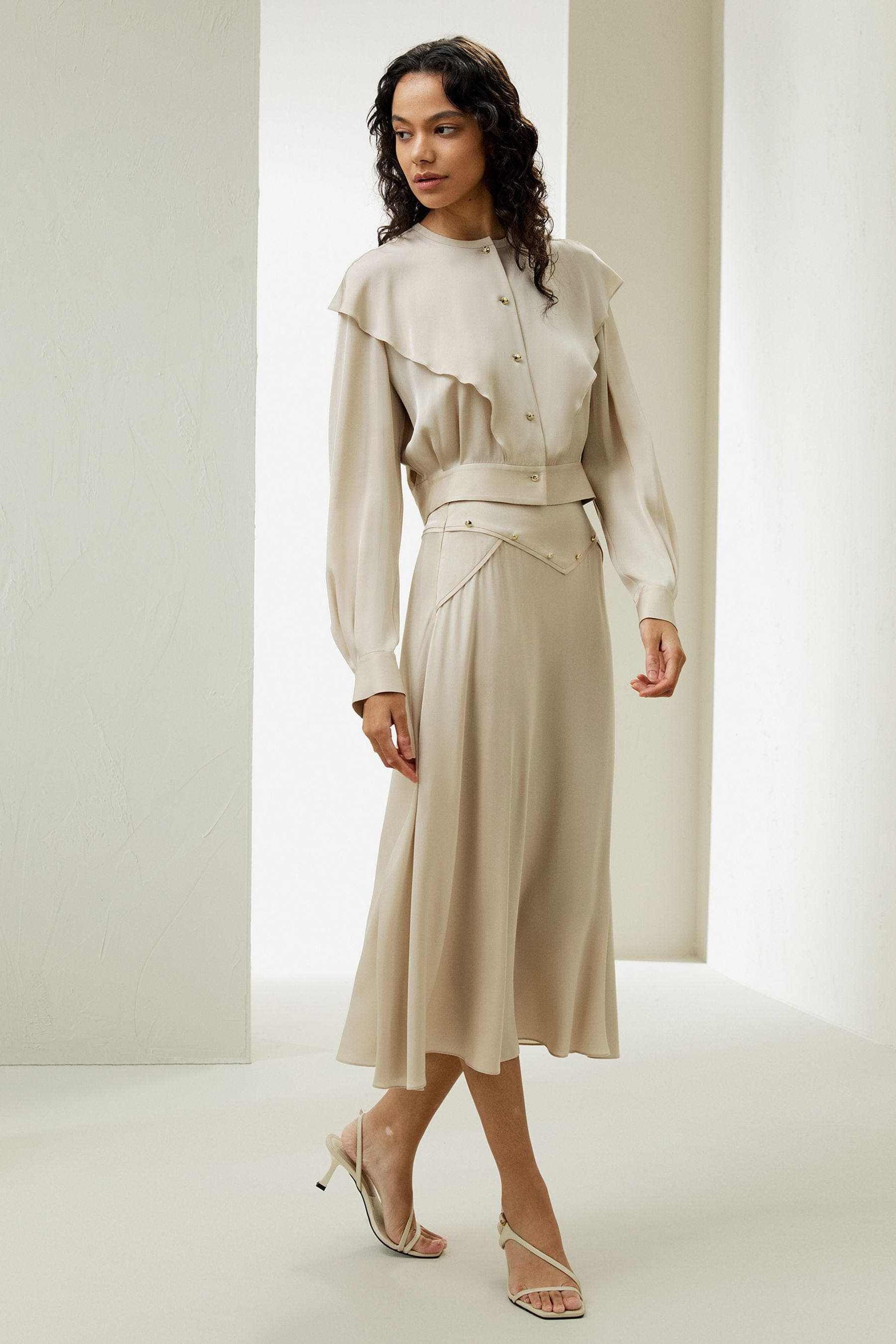 Satin Beige 2 pcs set | Top Jacket and midi half circle skirt | This item can be customised | Other colours by inquiring | Modest Fashion