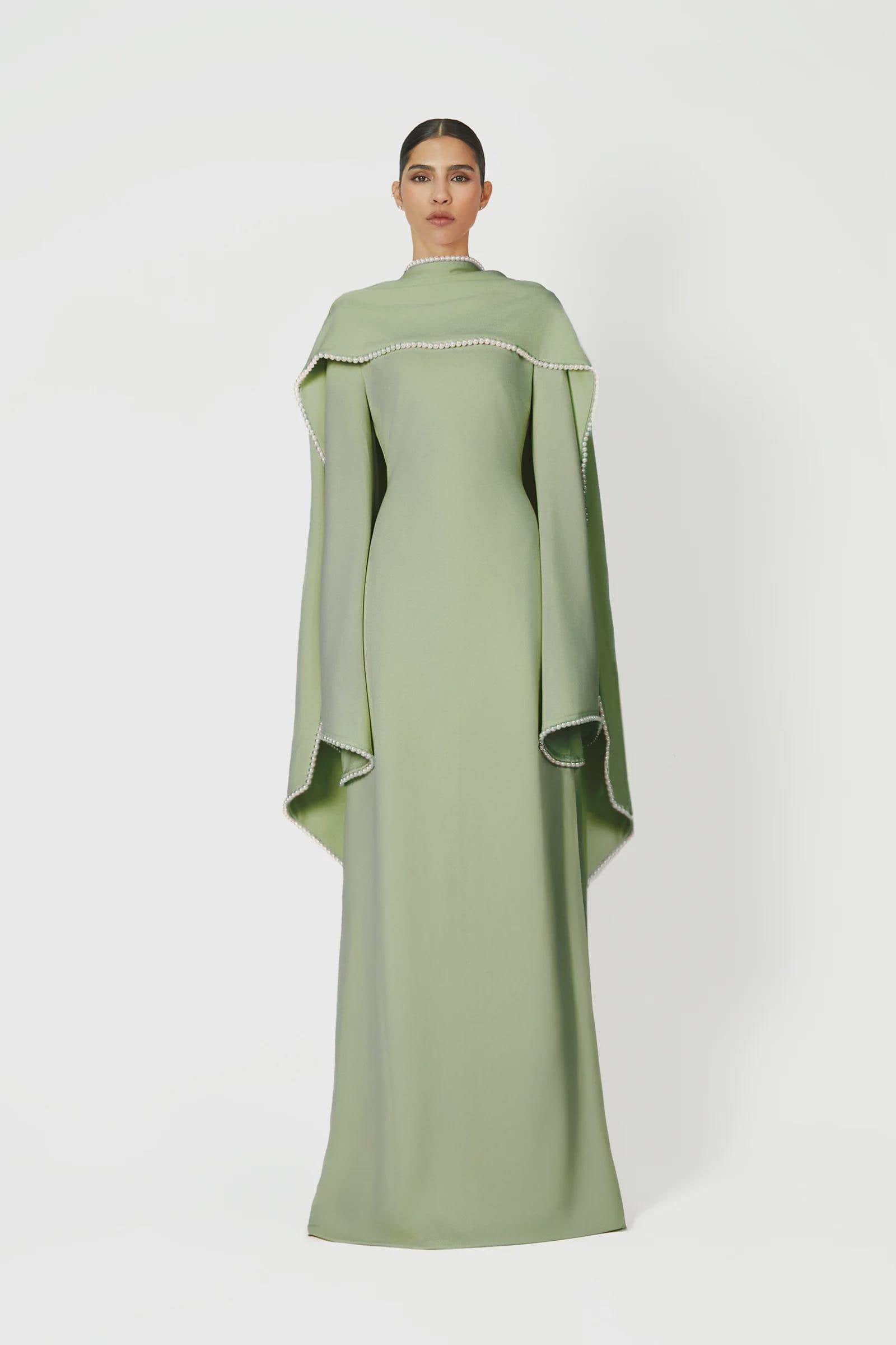 A-line pearl trim Maxi Dress - Sage Green | Tzinut Fashion | Modest Gown | Shabbat outfits | Custom made available | More colours available
