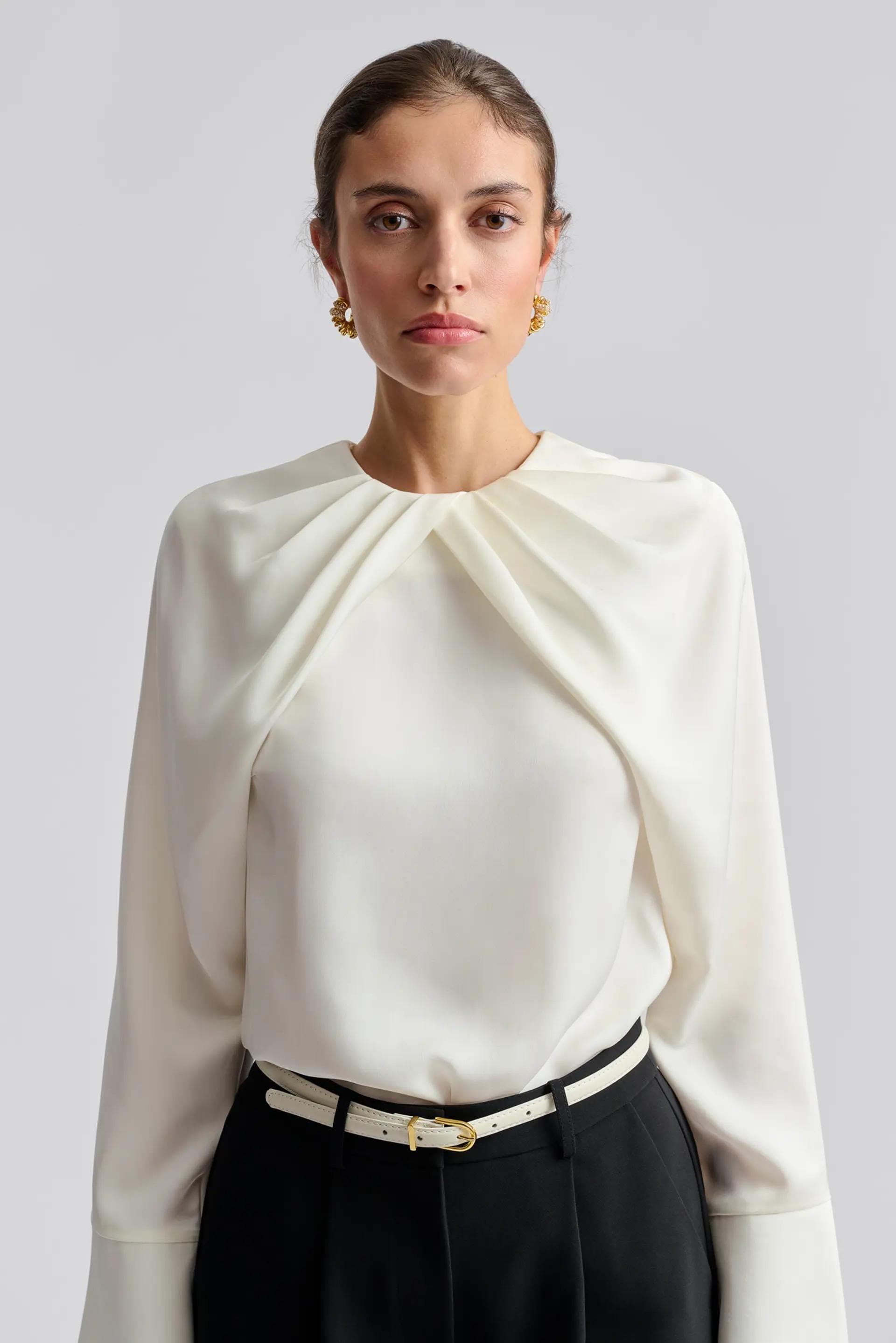Pleated neckline blouse Satin  | Off white modest top |Business style blouse| Tzinut clothing | Minimalist design | Custom made - image 2