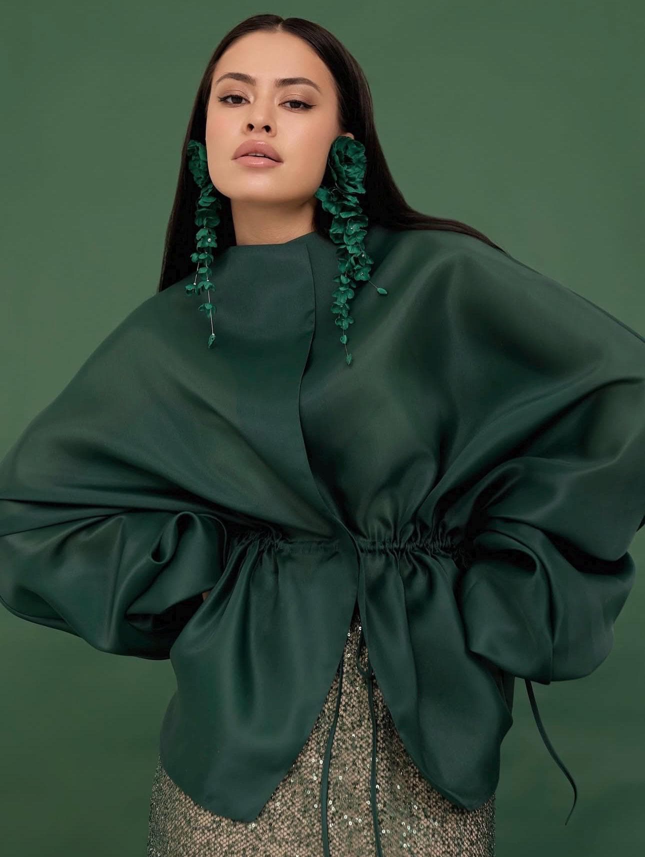 Organza blouse Emerald Green  | Can be lined  | modest top |Business style blouse | Minimalist design | Custom made available