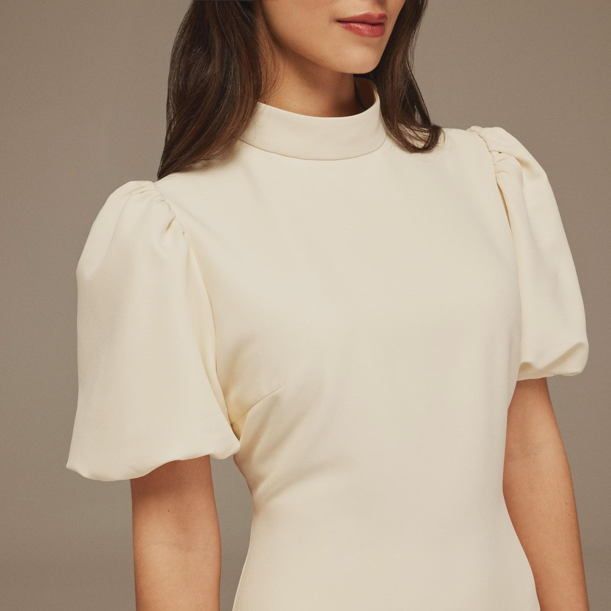 Short Puffy Sleeve Midi Crepe Dress| Tzinut Fashion | Modest Gown | Shabbat outfits | Custom made available | More colours available - image 3