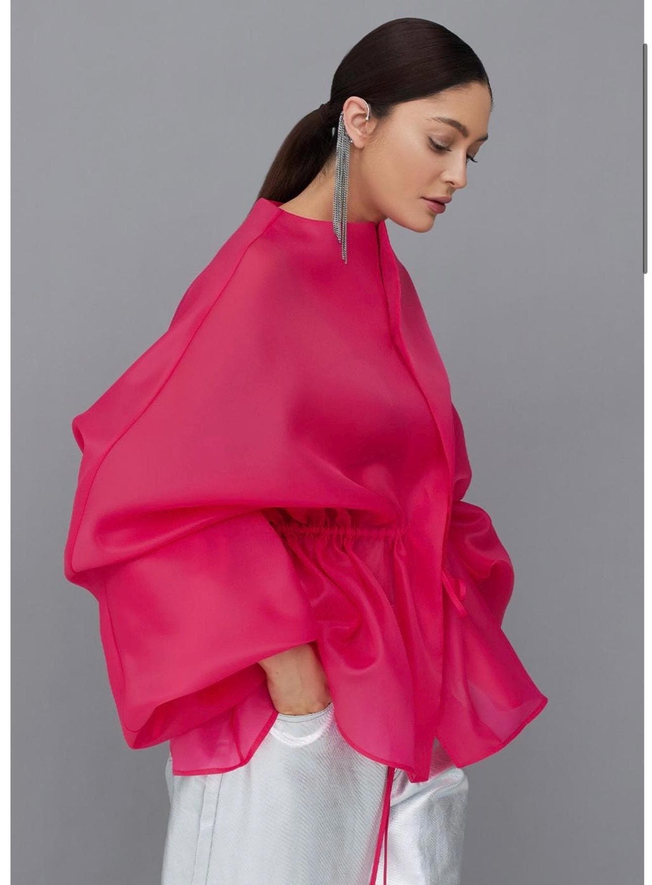 Matte Organza blouse fuchsia pink | Can be lined  | modest top |Business style blouse| Tzinut clothing | Minimalist design | Custom made - image 5