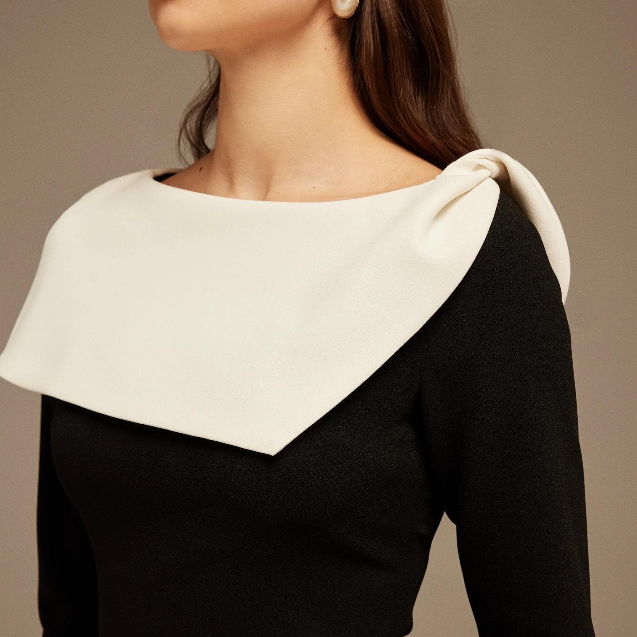 Black and White Folded Neck Long Sleeve Crepe Dress |Tzinut Fashion | Modest Gown | Shabbat outfits | Custom made available | - image 3