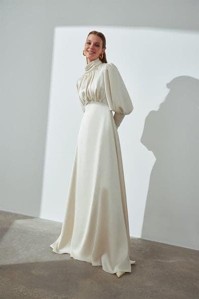 Satin hight neck gown| Tzinut Fashion | Modest Gown | Shabbat outfits | Custom made available | More colours available| Mother of Bride