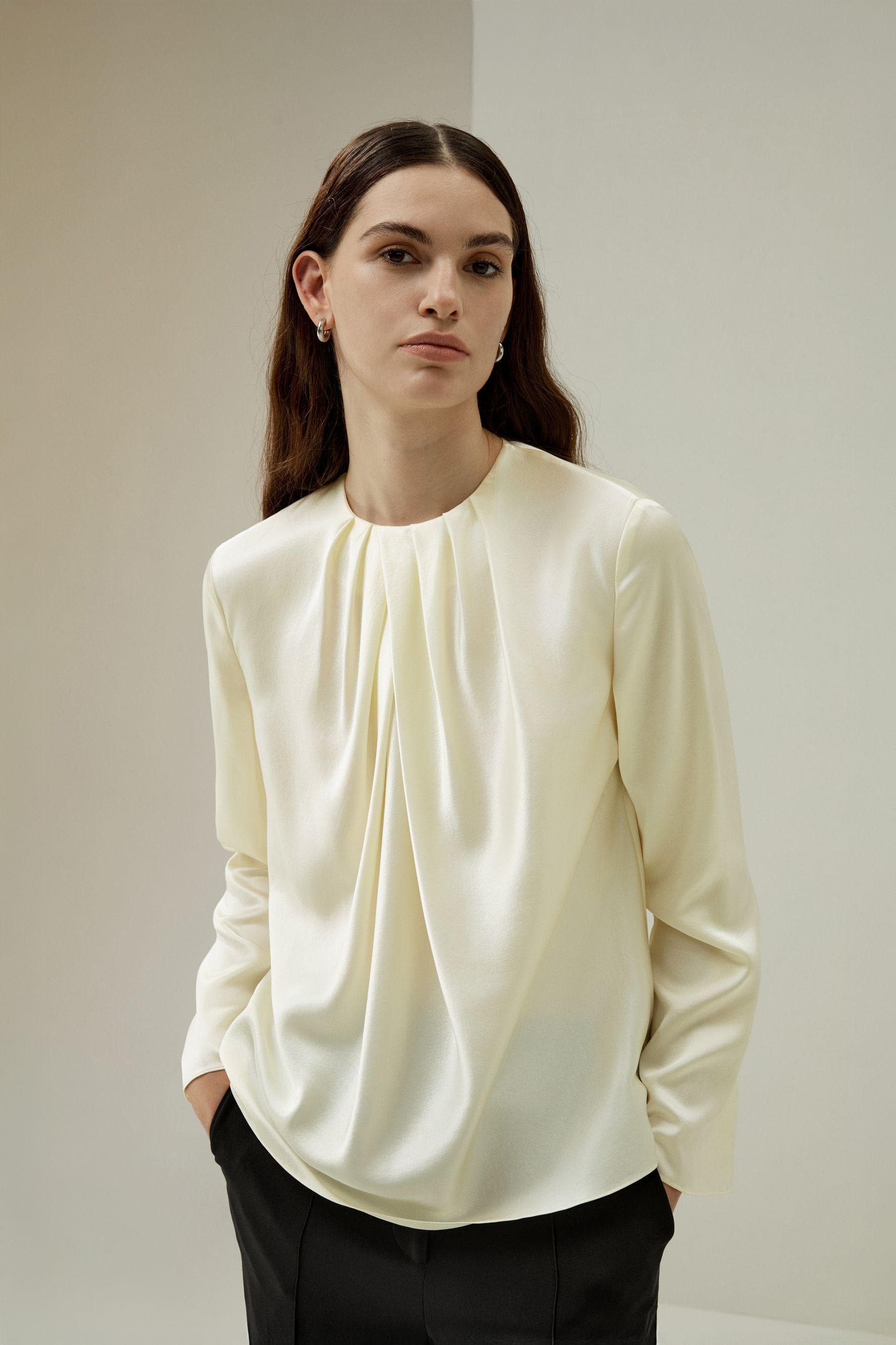 Silk Satin Ruched-Neck Top| Modest fashion | Tzinut Clothing | Kosher Fashion | Minimal blouse | Business casual clothing | Customisable |