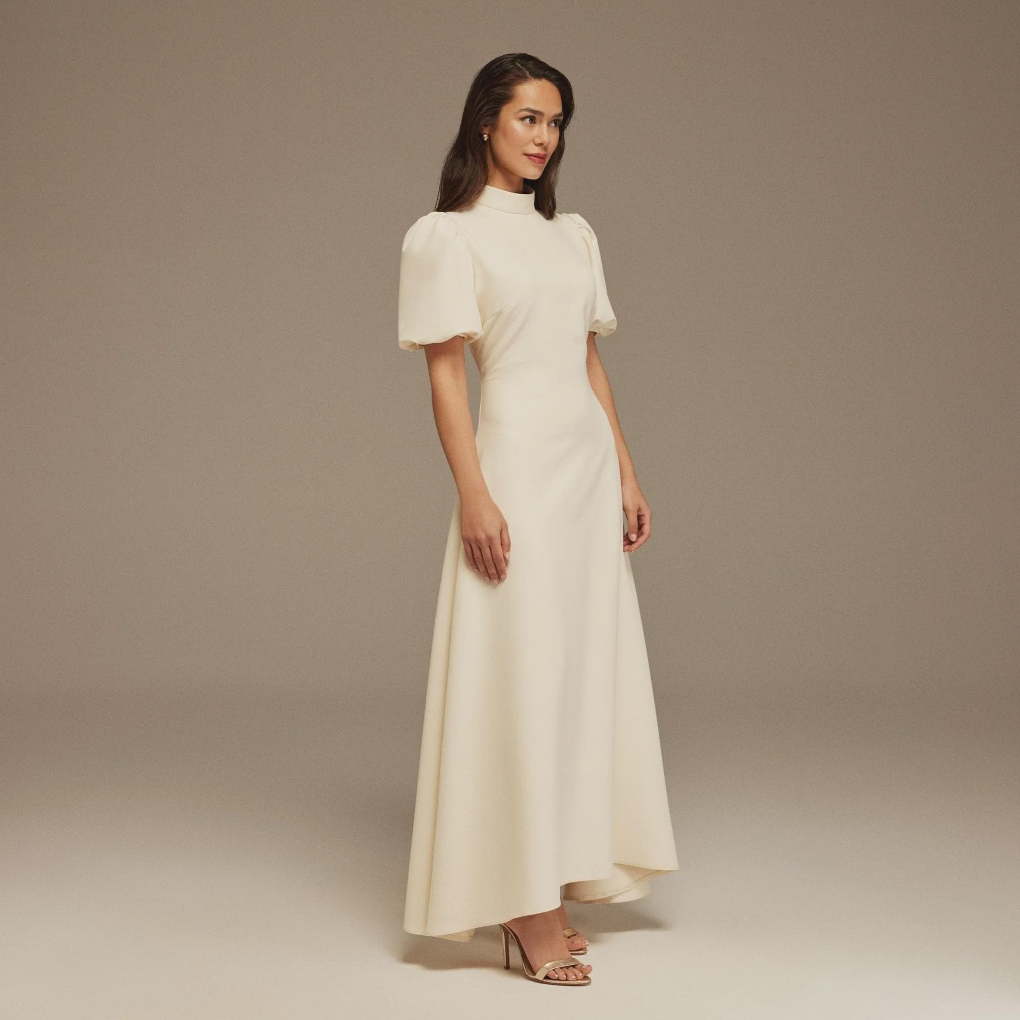 Short Puffy Sleeve Midi Crepe Dress| Tzinut Fashion | Modest Gown | Shabbat outfits | Custom made available | More colours available - image 5