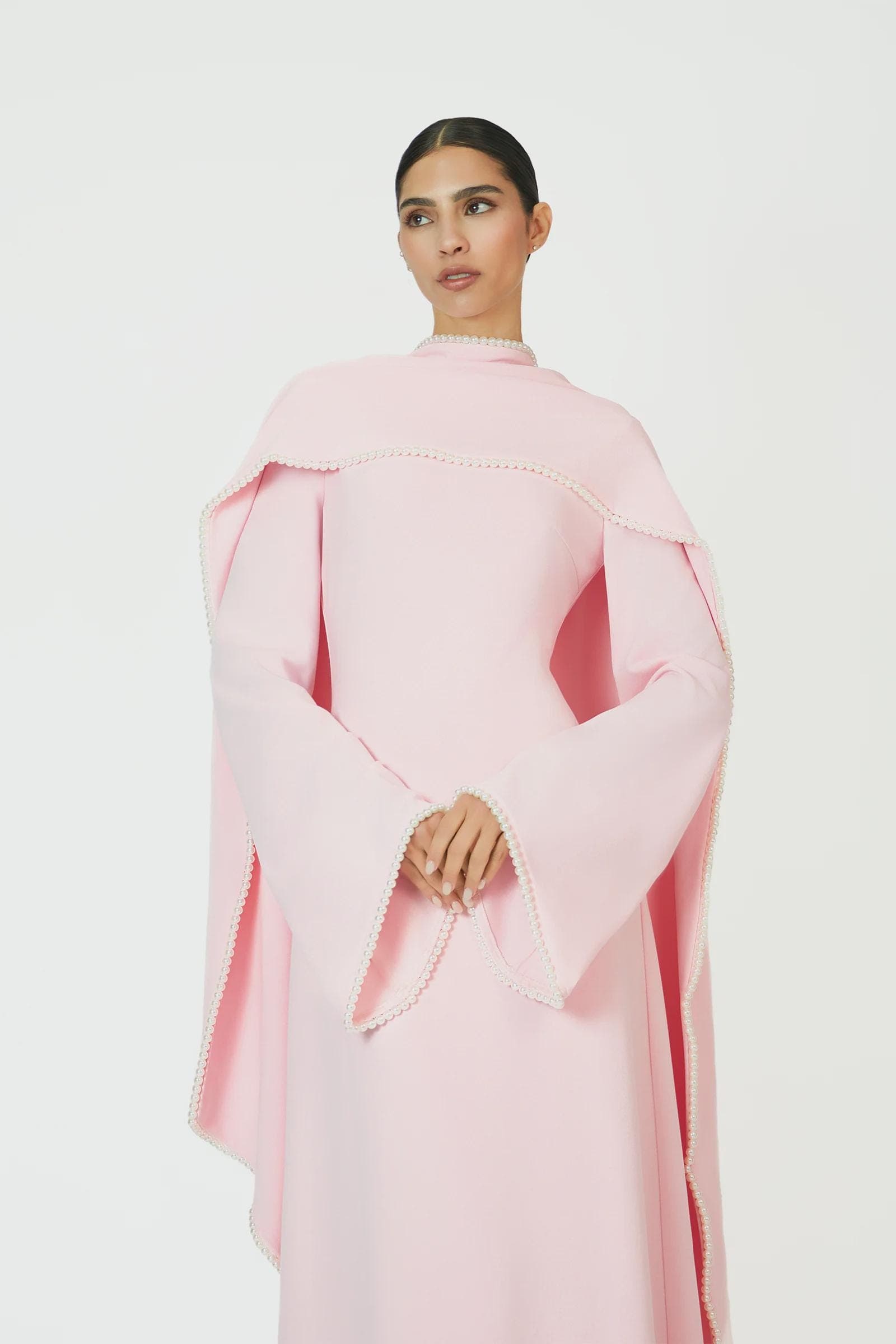 A-line pearl trim Maxi Dress -  Blush Pink | Tzinut Fashion | Modest Gown | Shabbat outfits | Custom made available | More colours available - image 3