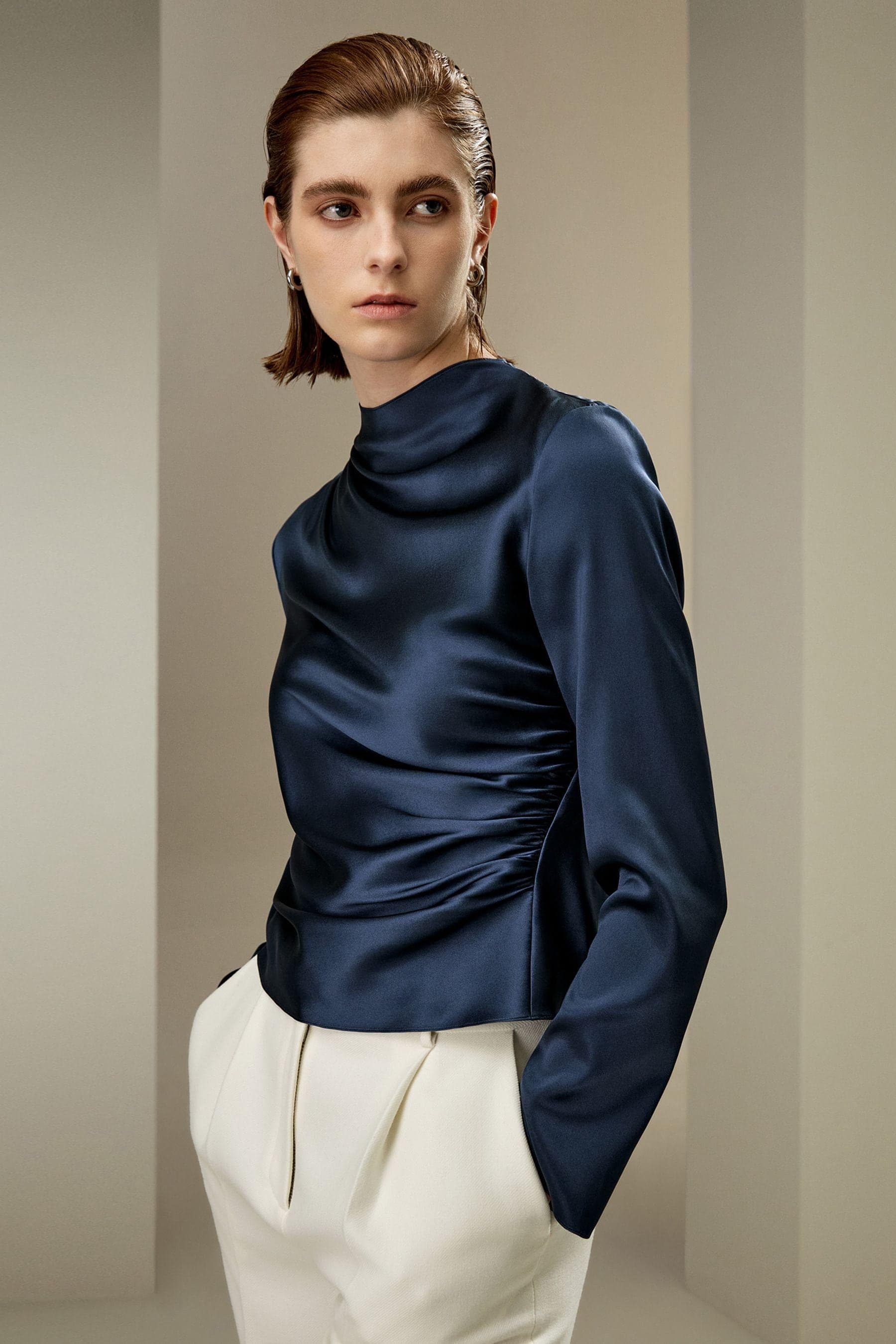 Oblique Wave Satin  Blouse in Navy | Modest top | Modest fashion | Custom made available | Other colours available | Long sleeve top.