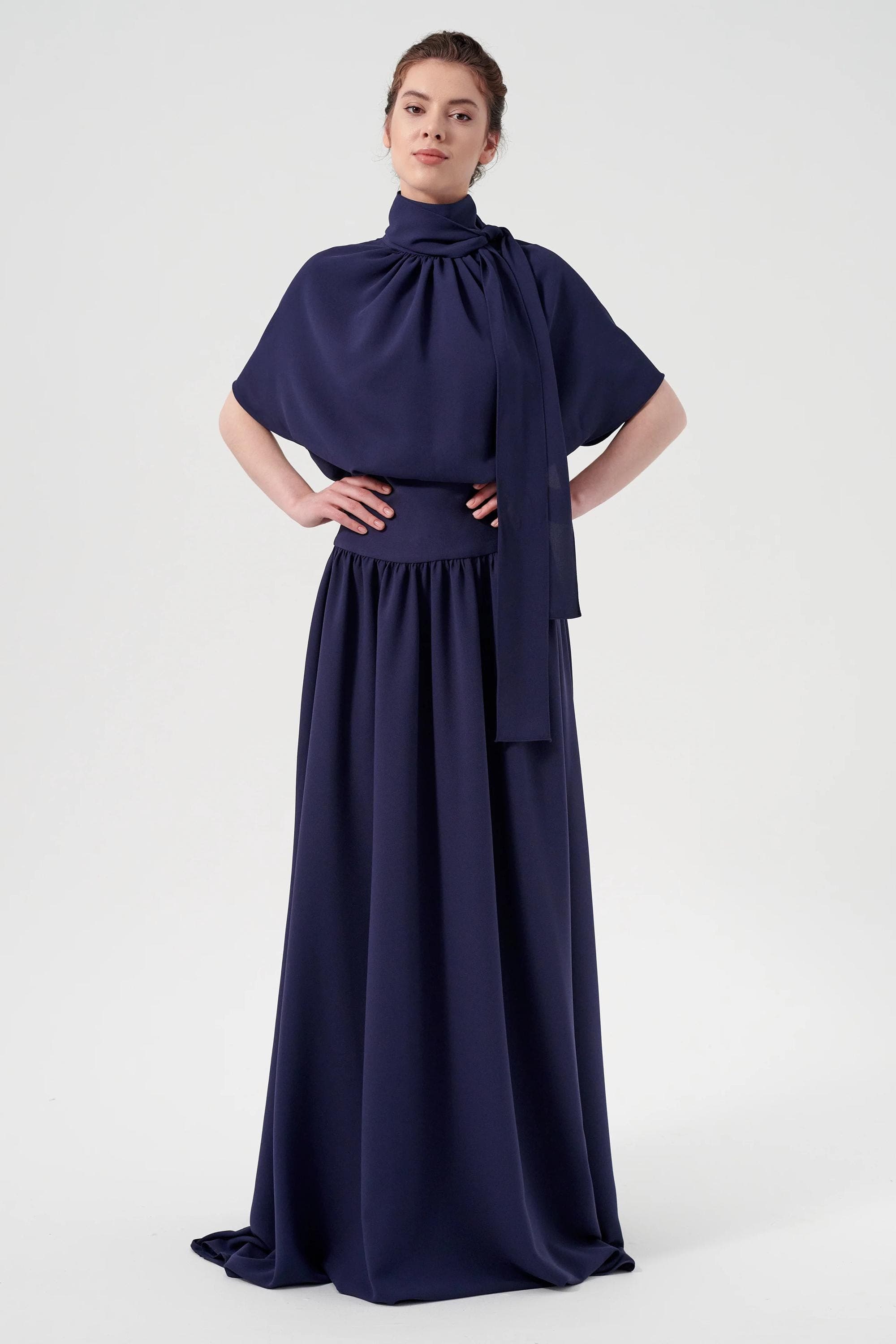 High turtle detail neck maxi dress | Navy crepe viscose dress | More colours available | Customisable | Modest Fashion | Tzinut Outfits |