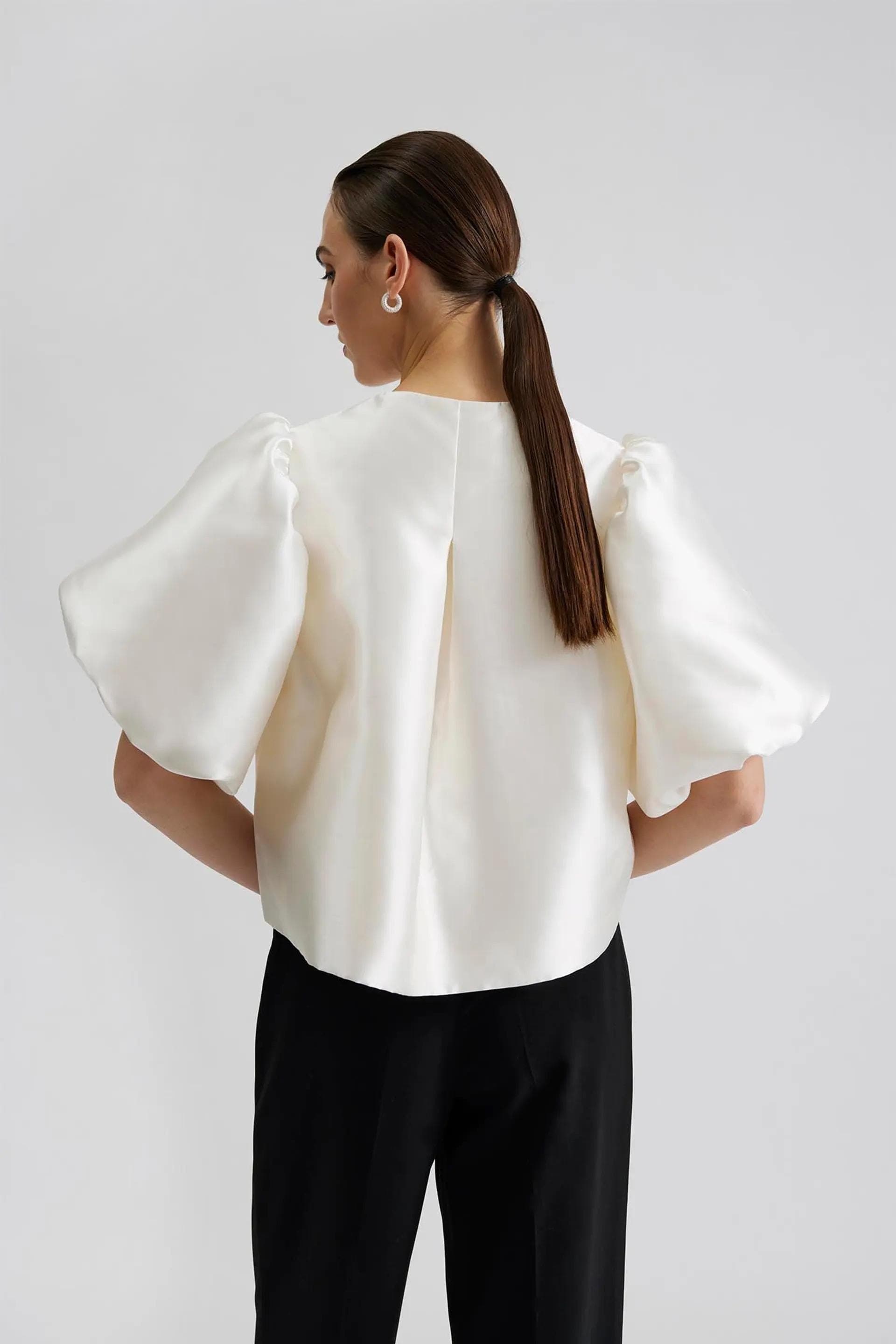 Blouse with pouf balloon sleeve in off white | Modest Fashion |Elegant style | Women business outfit| Made to measure available |more colour - image 3