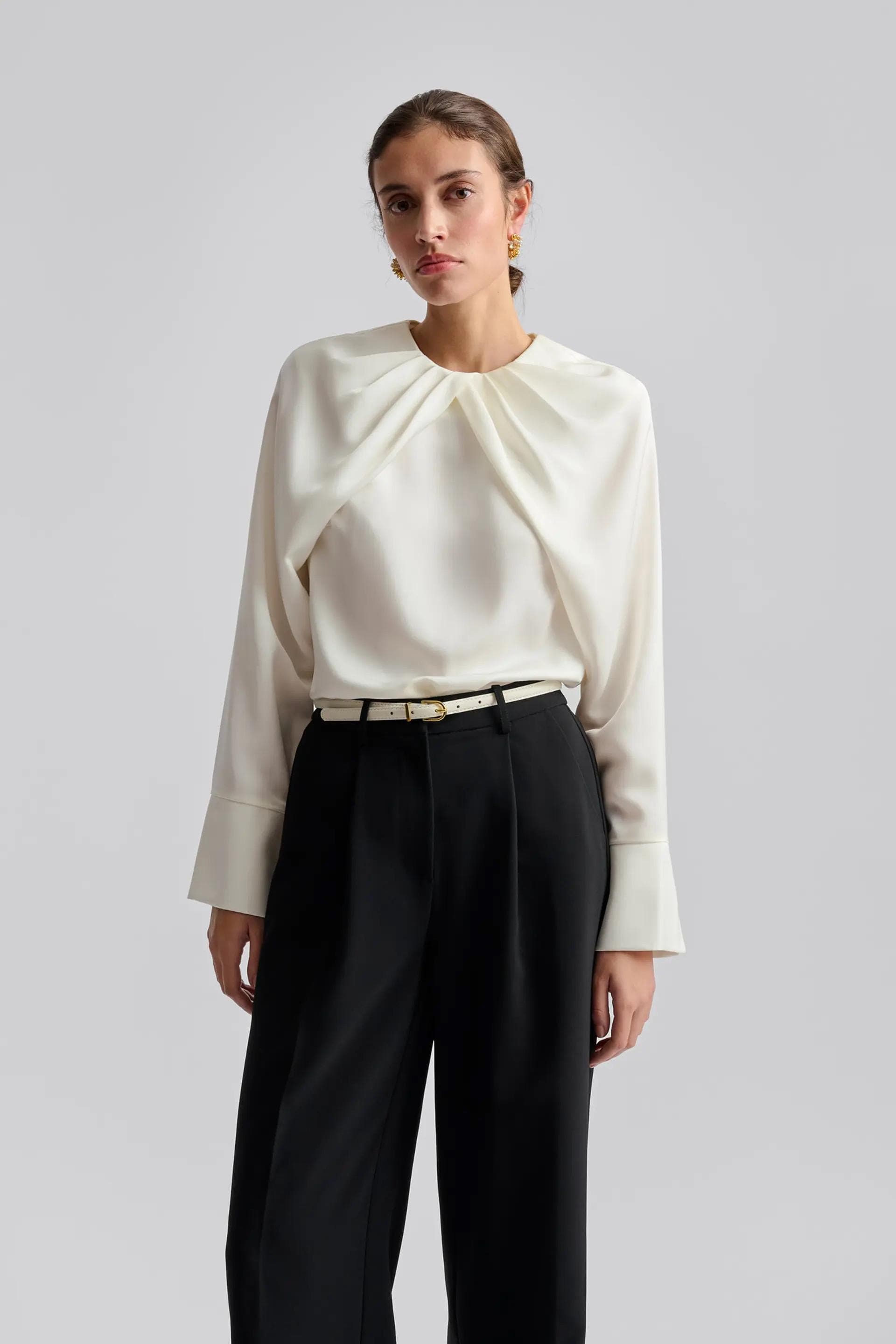 Pleated neckline blouse Satin  | Off white modest top |Business style blouse| Tzinut clothing | Minimalist design | Custom made