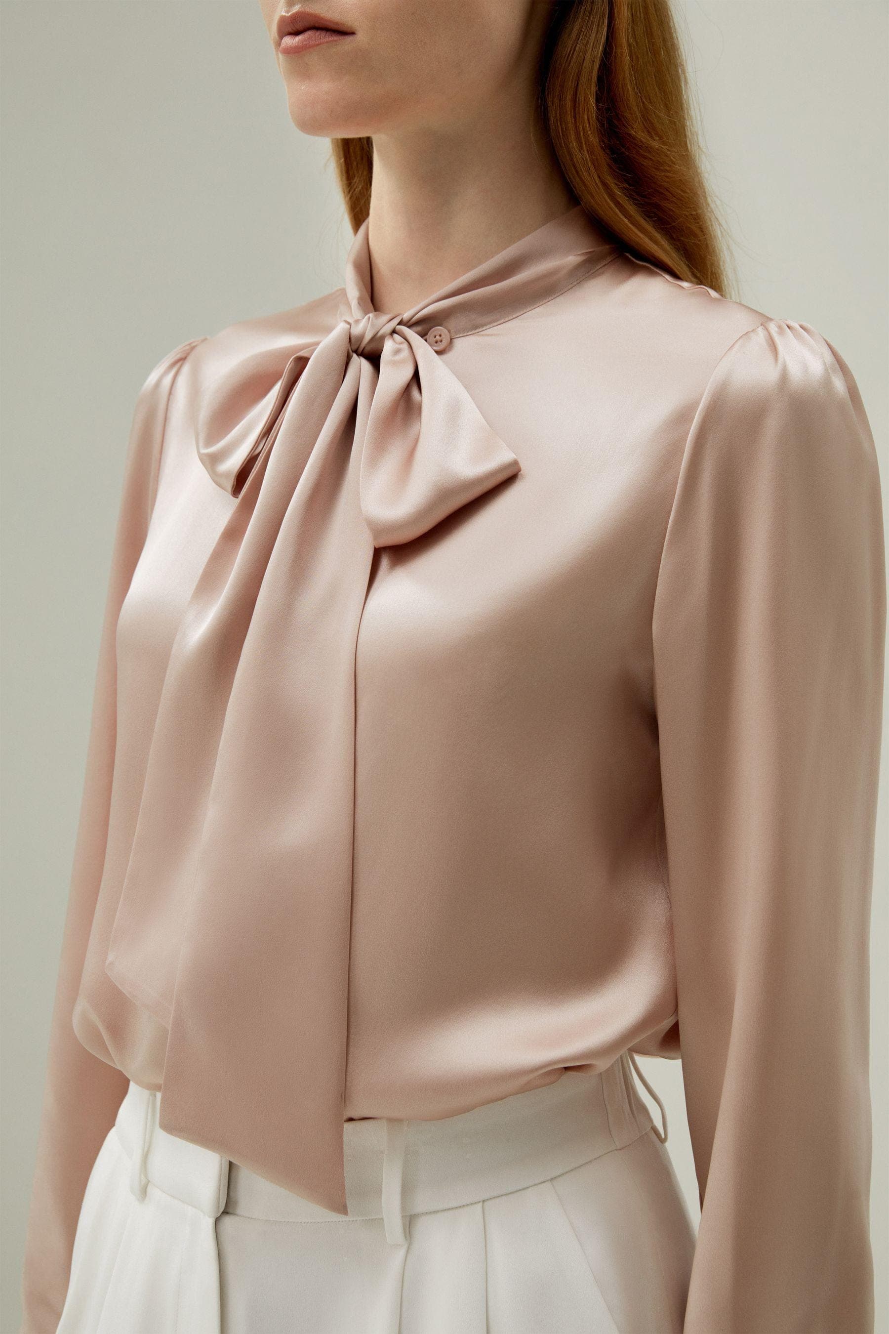 Women Bow-tie Neck Satin Blouse in pink| Modest Fashion | Made to measure available| More colours available |Tzinut Styles | Kosher outfit