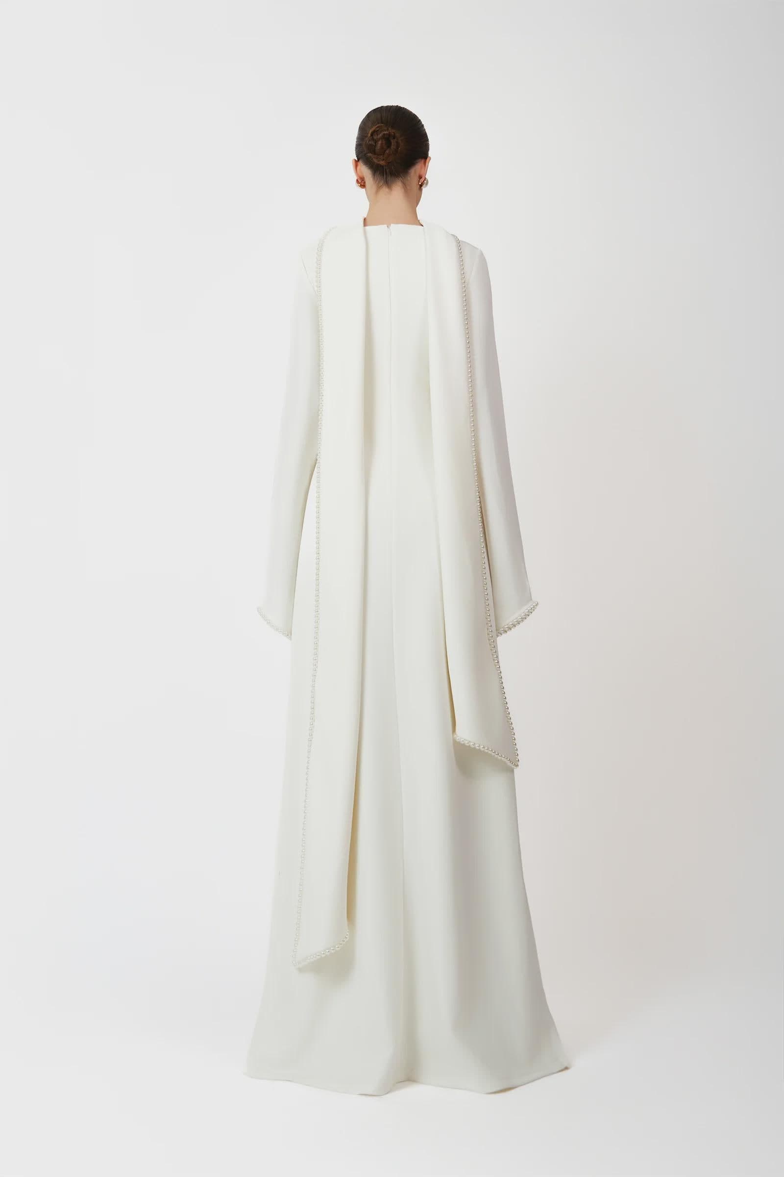 A-line pearl trimm Maxi Dress - Off White | Tzinut Fashion | Modest Gown | Shabbat outfits | Custom made available | More colours available - image 4