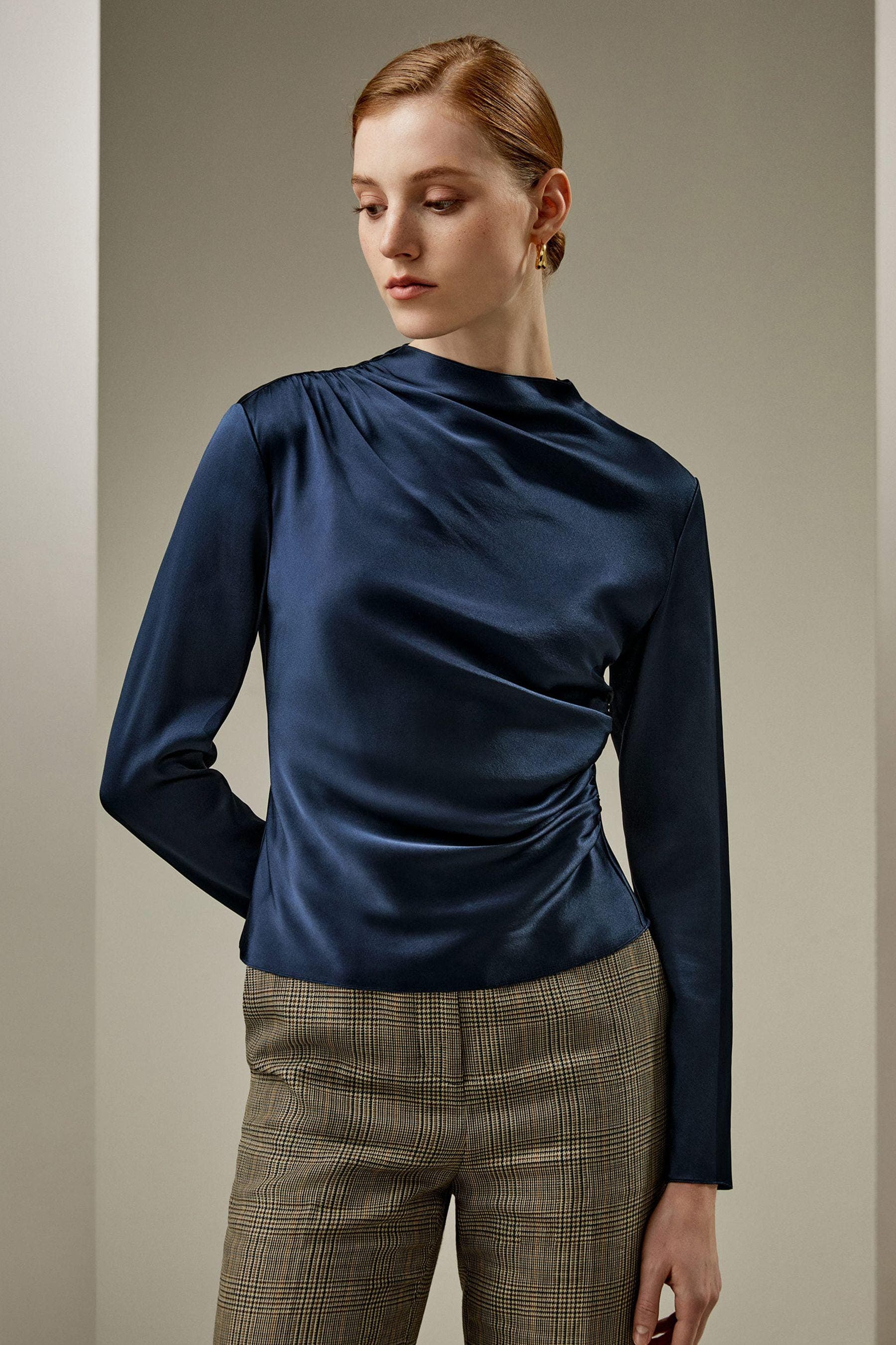 Oblique Wave Satin Blouse in Navy | Modest top | Modest fashion | Custom made available | Other colours available | Long sleeve top. - image 3