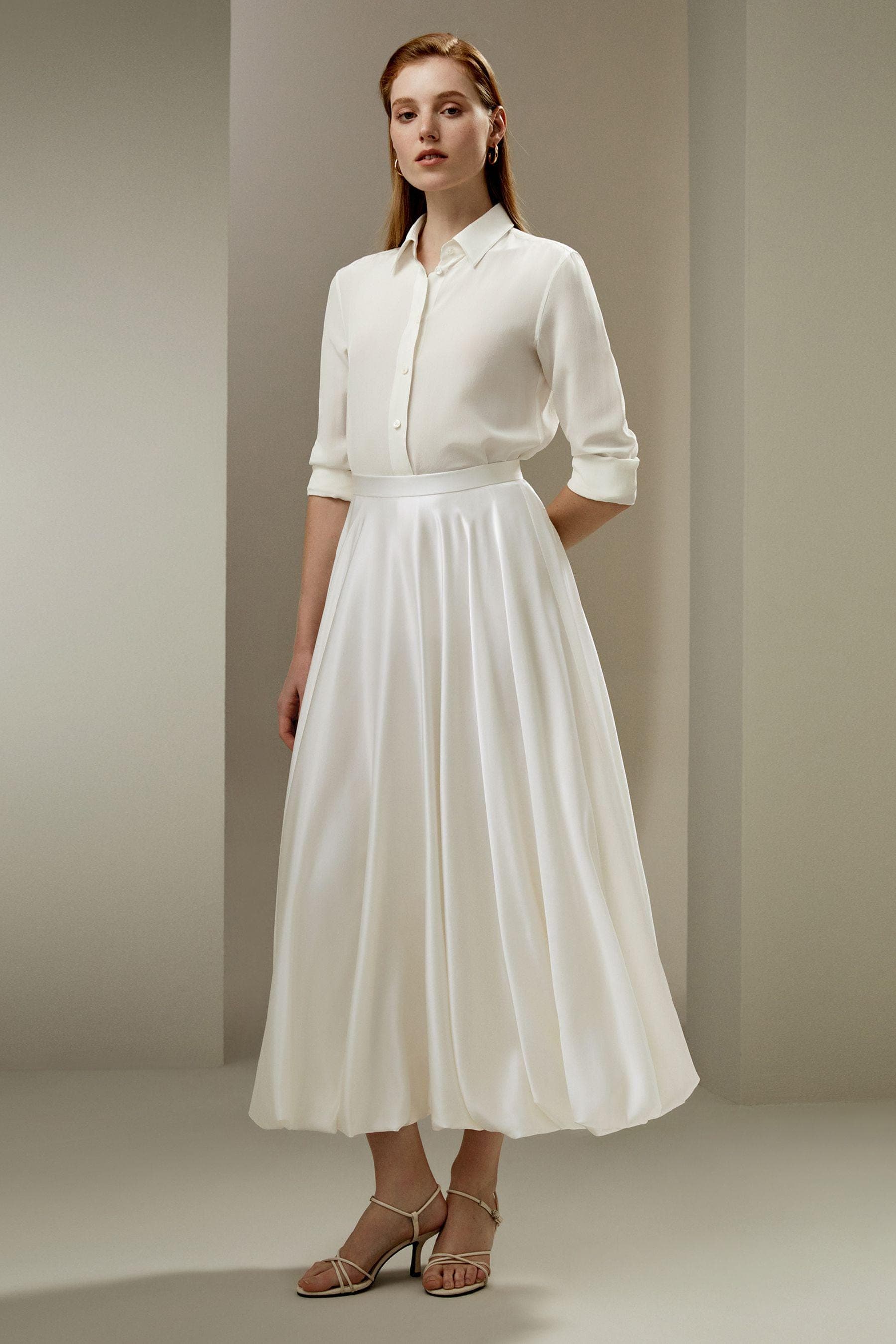 Snowdrop  Midi Skirt in off white satin | modest fashion | tzinut clothing | Kosher fashion | Custom made available | More Colours available