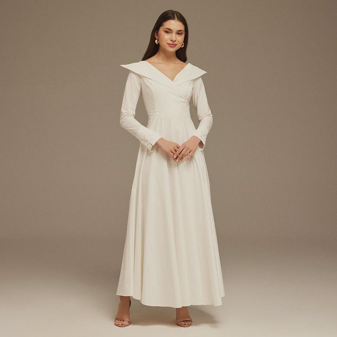 White Wide Neck Long Sleeve Midi Dress | Modest Gown | Shabbat outfits | Custom made available | More colours available| Mother of Bride