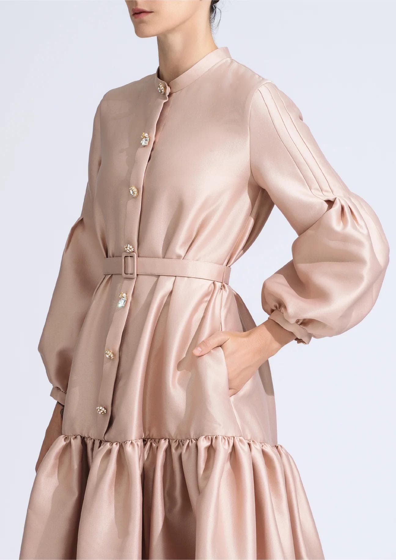 Powder pink puffy sleeves tier dress   | Modest Fashion | Tzinut outfits | Shabbat dress | Taffeta clothing | Customisable