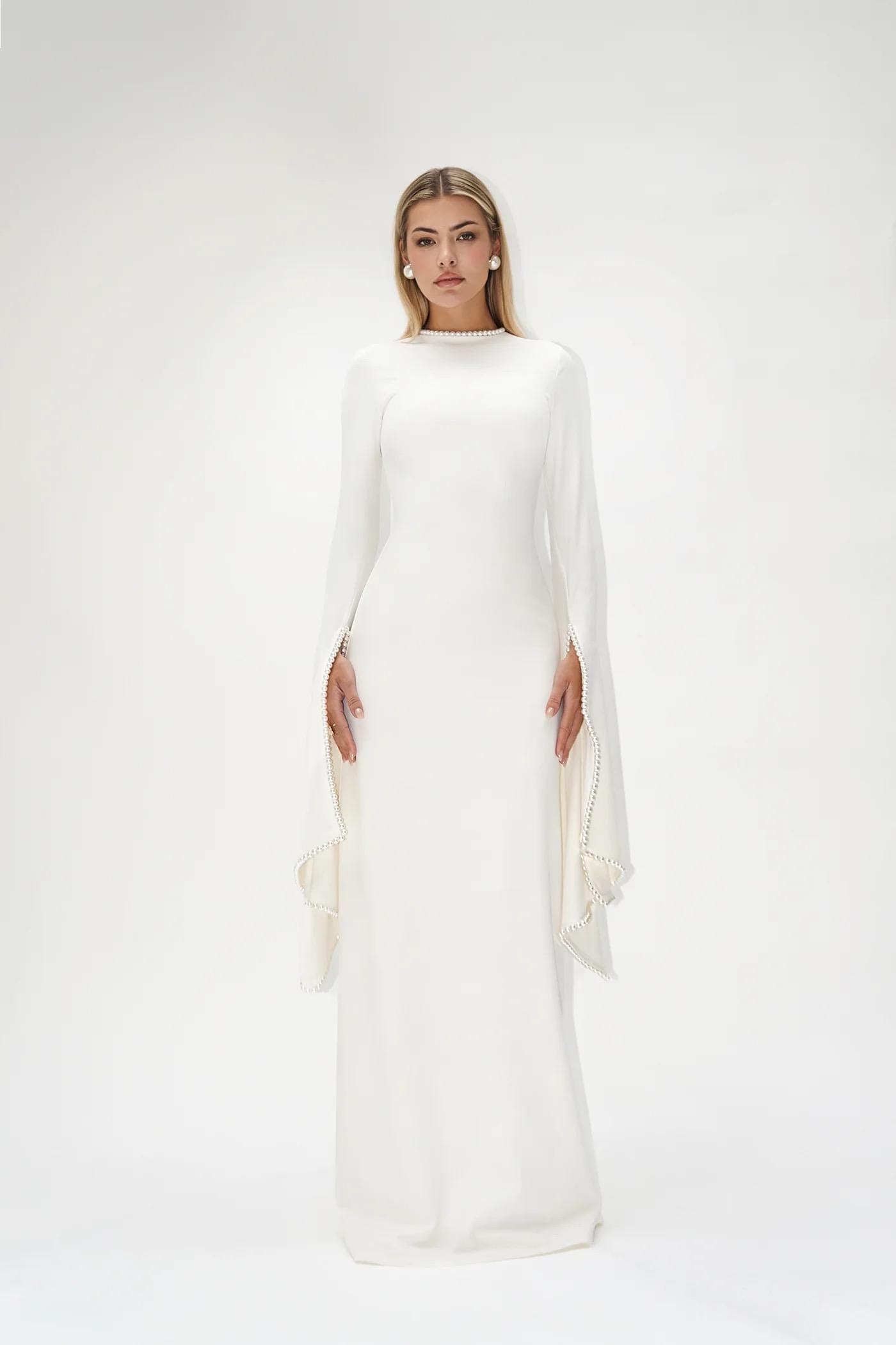 A-line pearl trimm Sleeves Maxi Dress - Off White | Tzinut Fashion | Modest Gown | Shabbat outfits | Custom made available - image 5